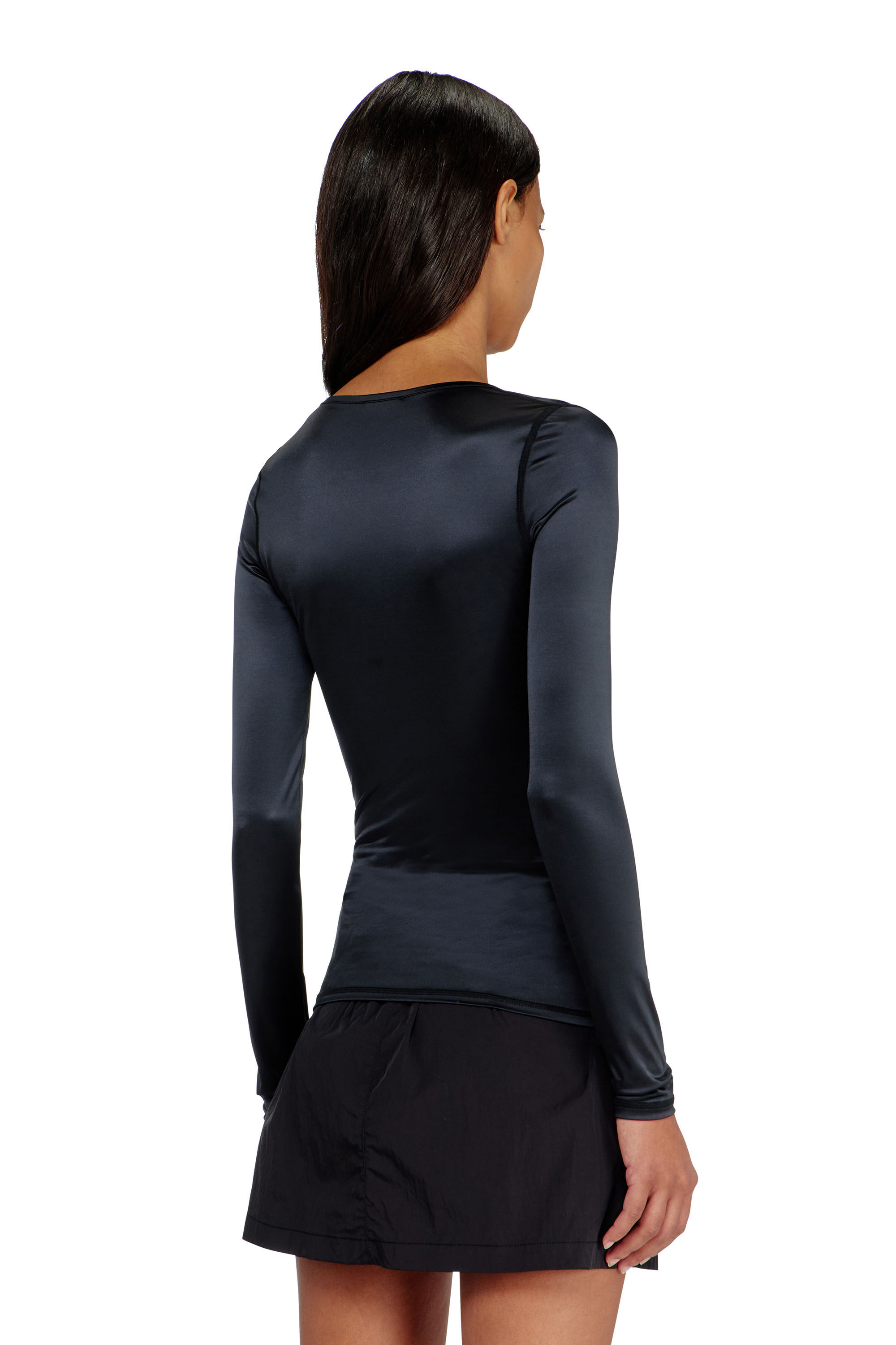 Diesel - T-ELPHIN-LS, Woman's Nylon slim top scoop neck with Logo Oval D embroidery in Black - 4