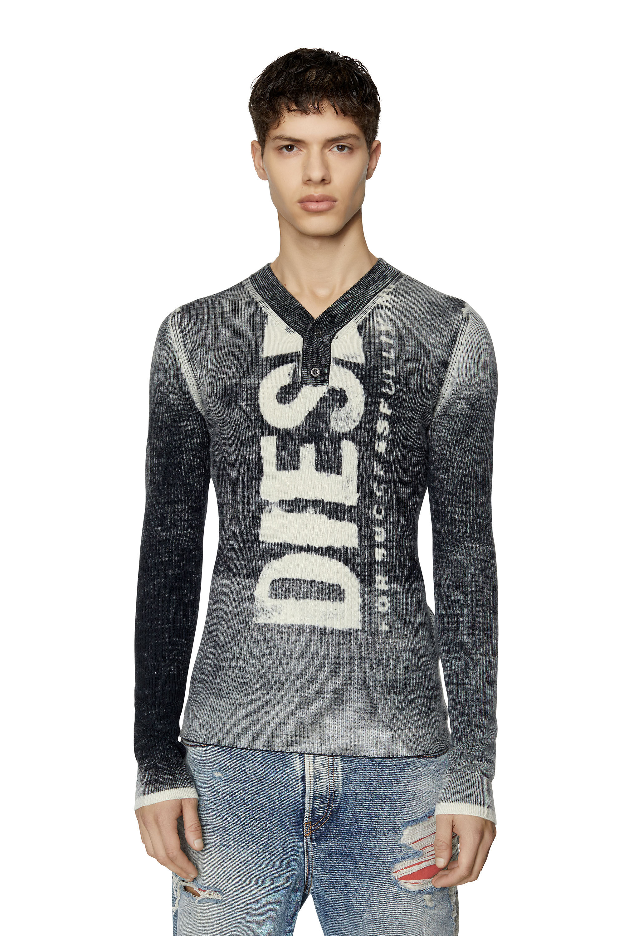 Diesel - K-ATULLUS, Man Printed wool jumper with logo in Black - Image 3