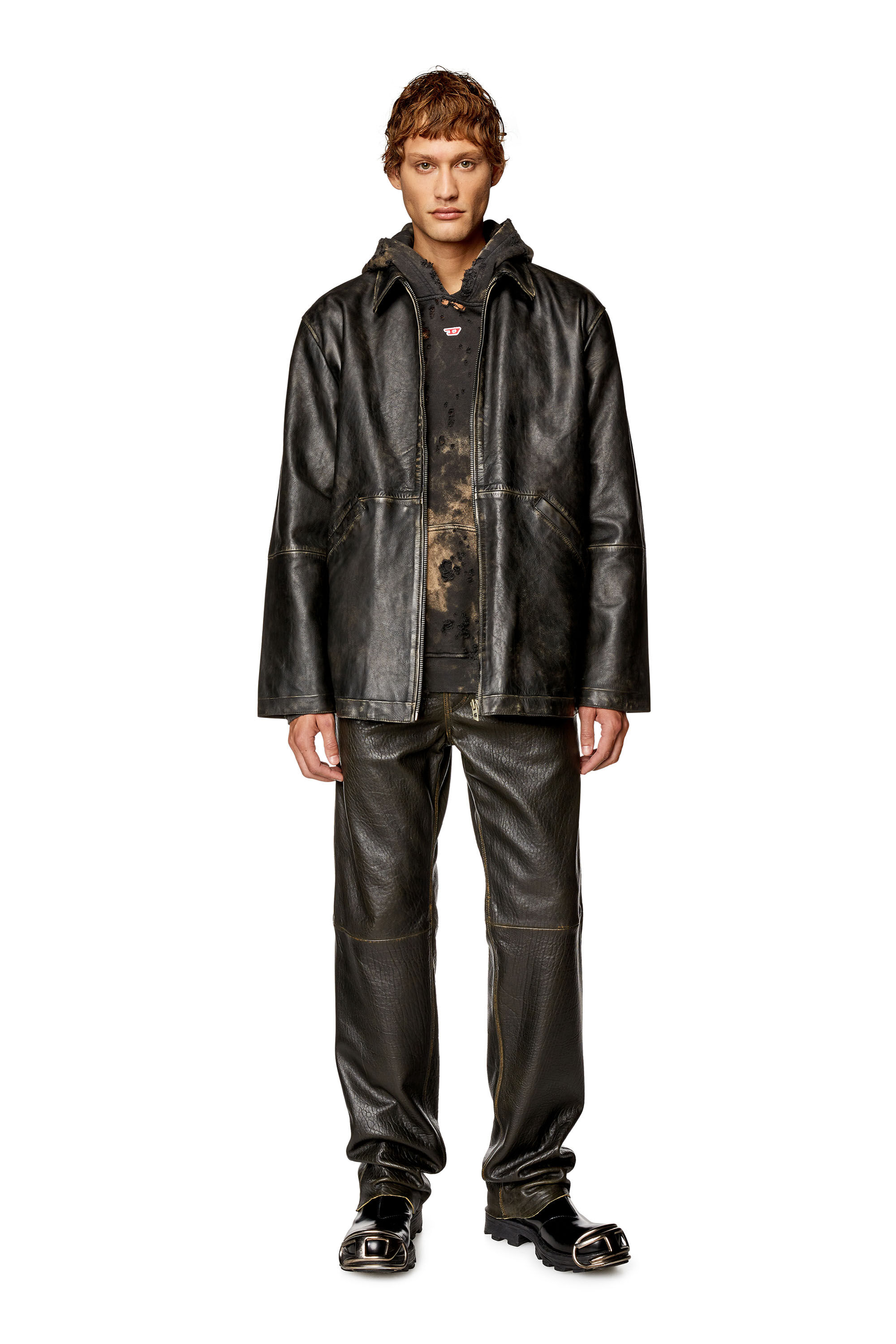 Diesel - L-STOLLER-TREAT, Man Treated leather jacket with raw edges in Black - Image 1