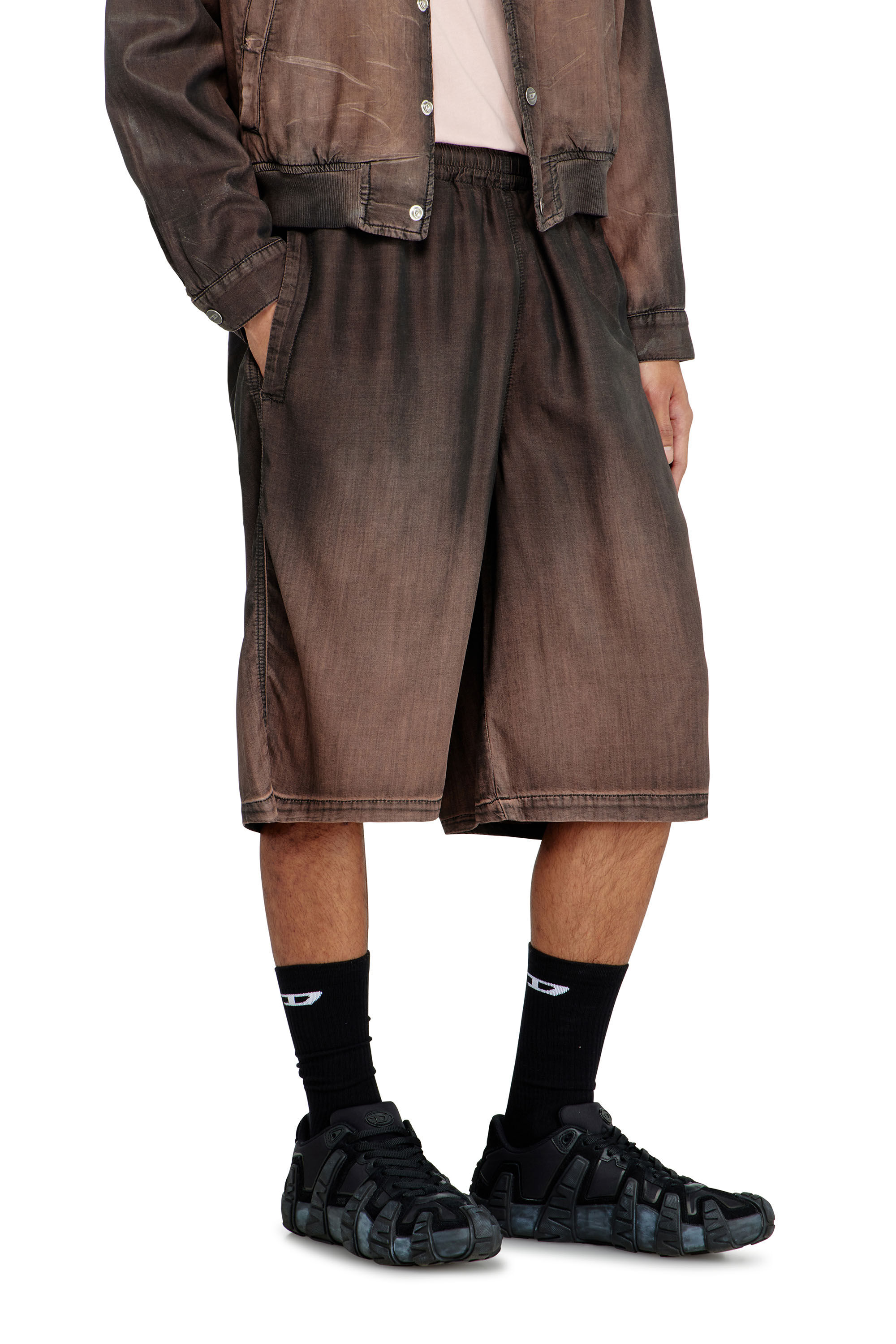 Diesel - D-RODER-SHORT-S, Unisex's Relaxed bermuda shorts in fluid coated denim in Brown - 7