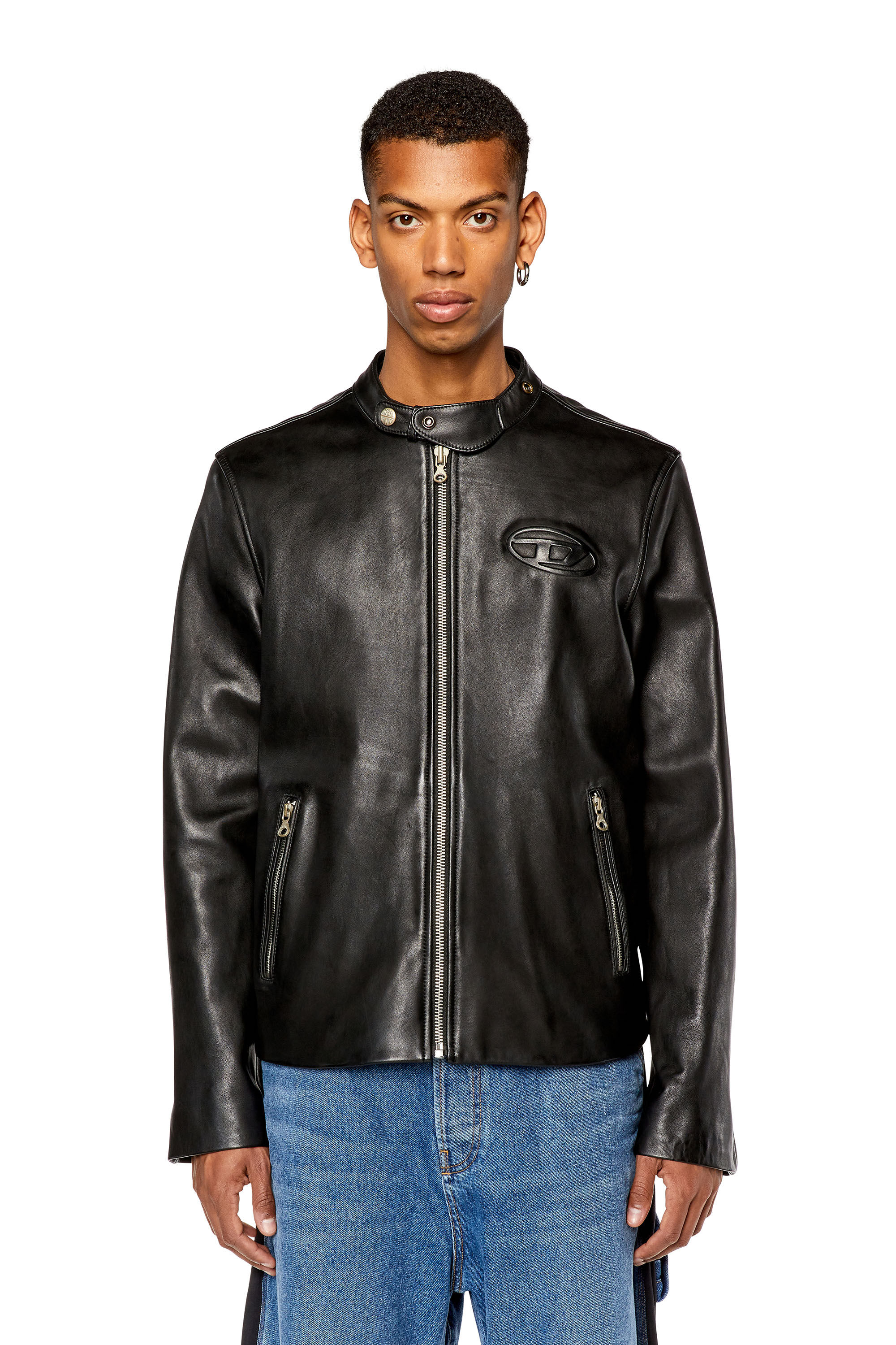 Diesel - L-METALO, Man Leather biker jacket with distressed logo in Black - Image 5
