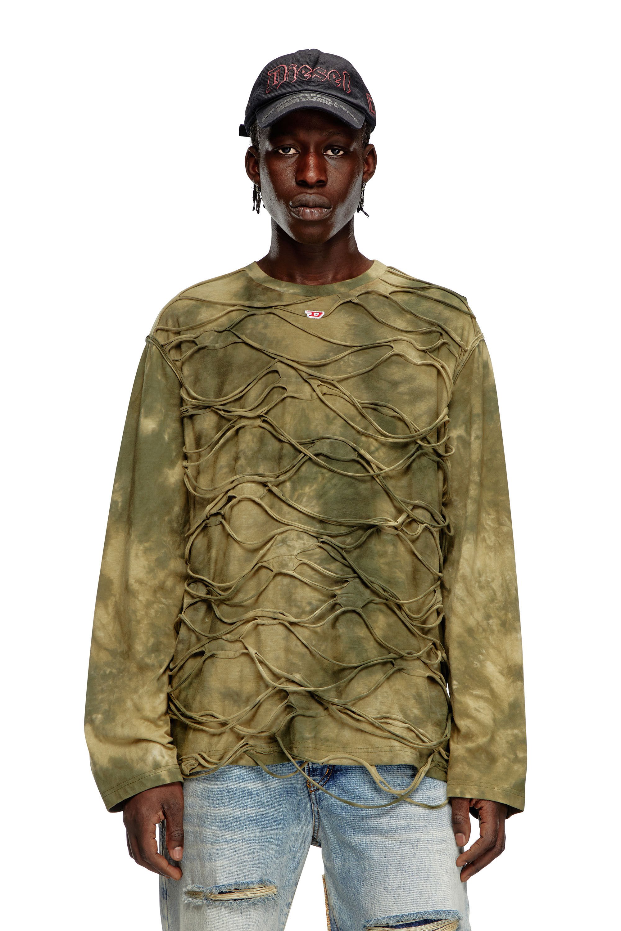 Diesel - T-CRANET-LS, Man Long-sleeve T-shirt with floating strands in Green - Image 3