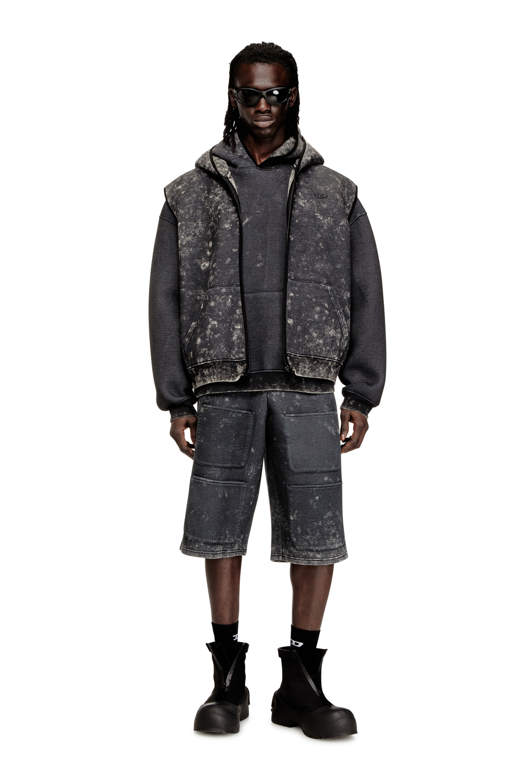 Diesel - S-TYP, Unisex's Wide-leg shorts in marble-effect scuba in Black/Dark grey - 5