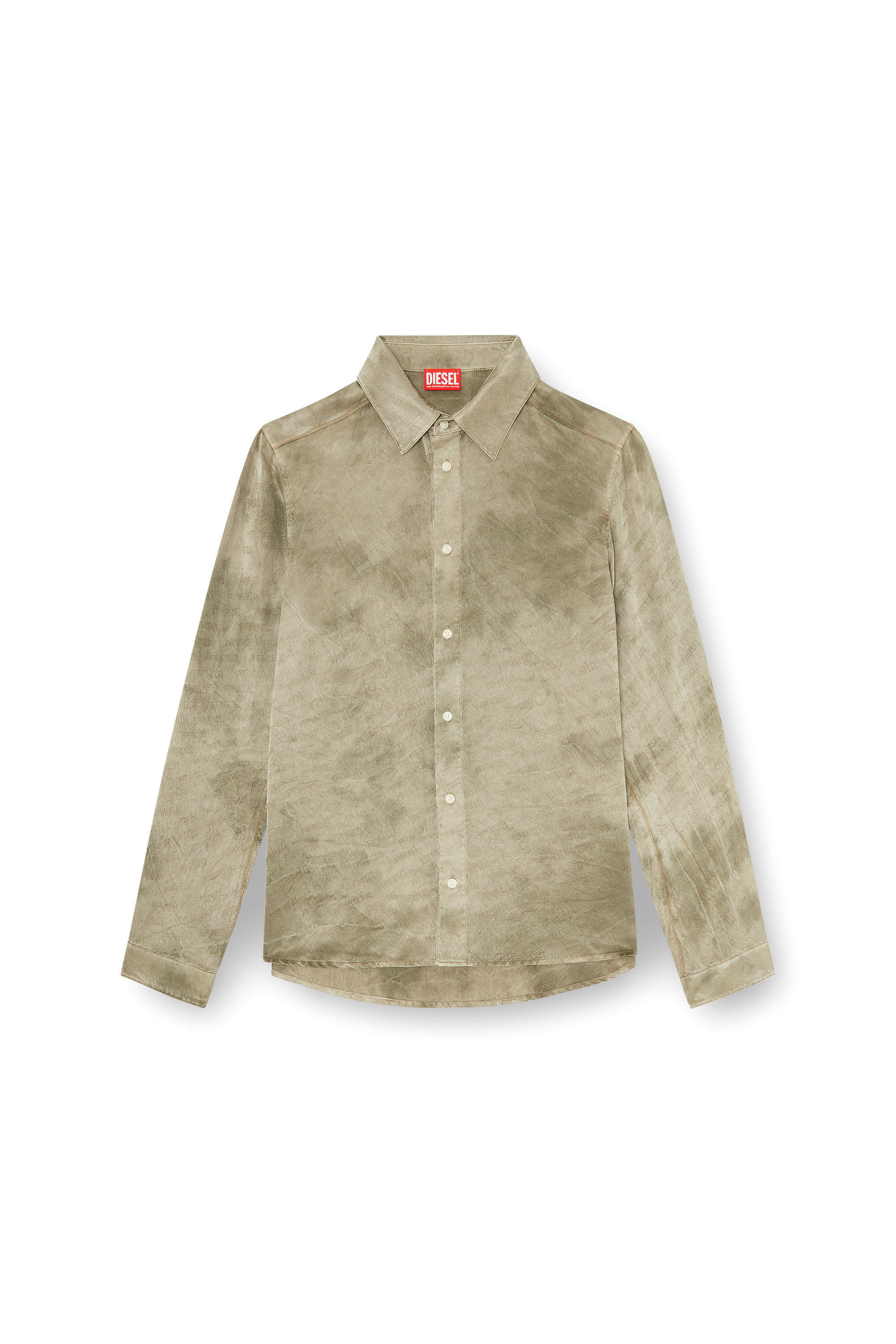 Diesel - S-KISSY-HNBW, Man's Shirt in logo-jacquard crinkled satin in Light Brown - 2