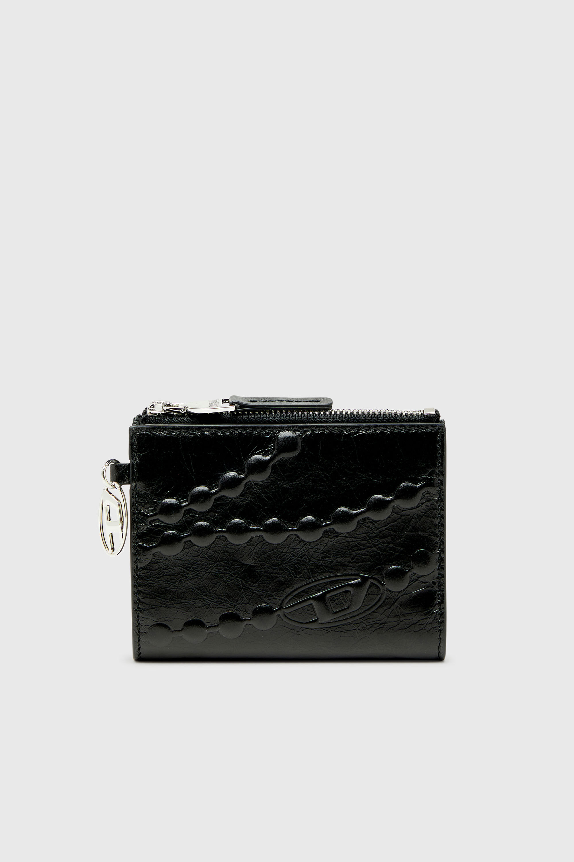 Diesel - OVAL-D BI FOLD ZIP II, Woman's Leather bi-fold wallet with embossed chain motif in Black - 1