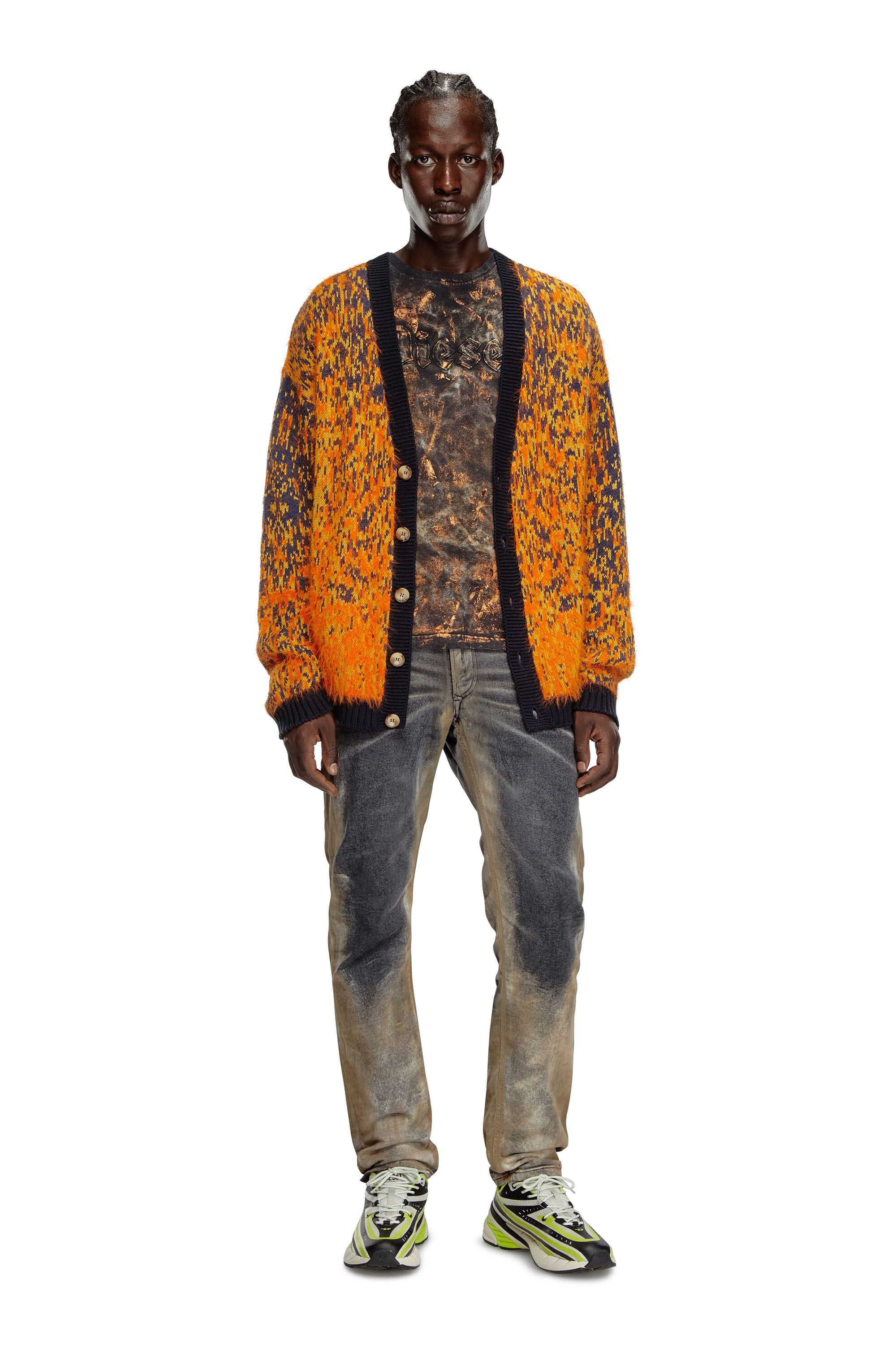 Diesel - K-RANGER, Man Fuzzy cardigan with abstract pattern in Orange - Image 1