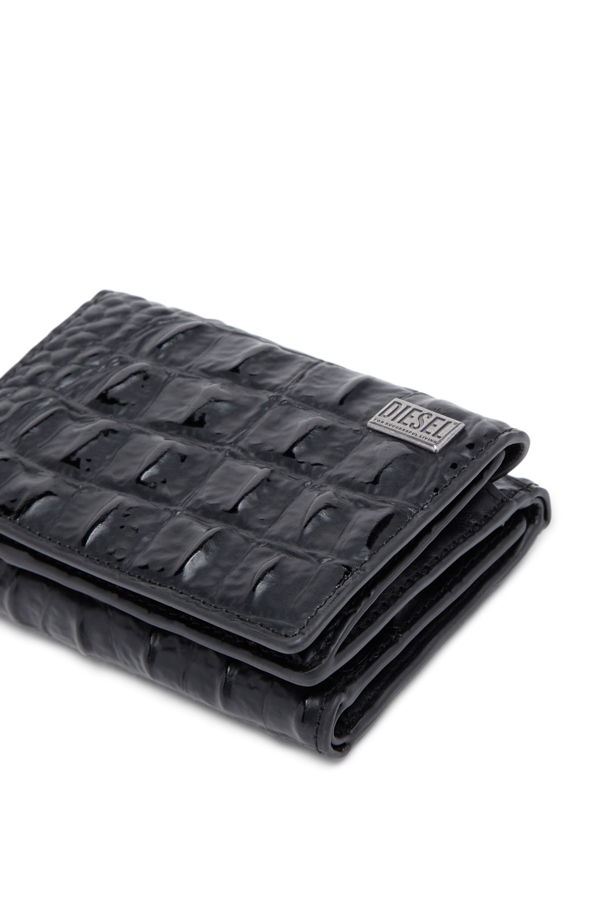 Diesel - TRI-FOLD COIN S, Man Tri-fold wallet in croc-effect leather in Black - Image 4
