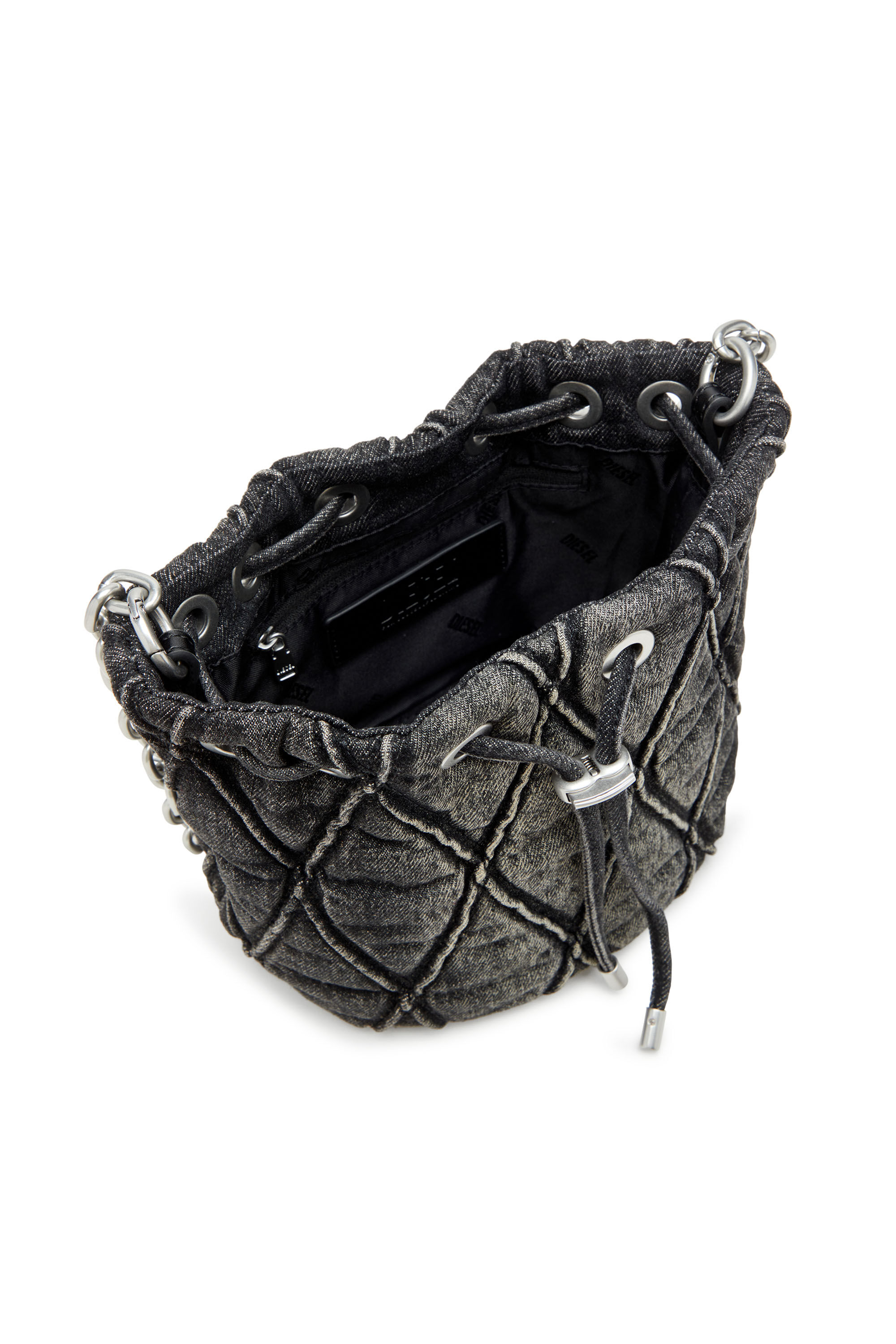 Diesel - CHARM-D BUCKET S, Woman's Charm-D S-Mini bucket bag in treated quilted denim in Black - 5
