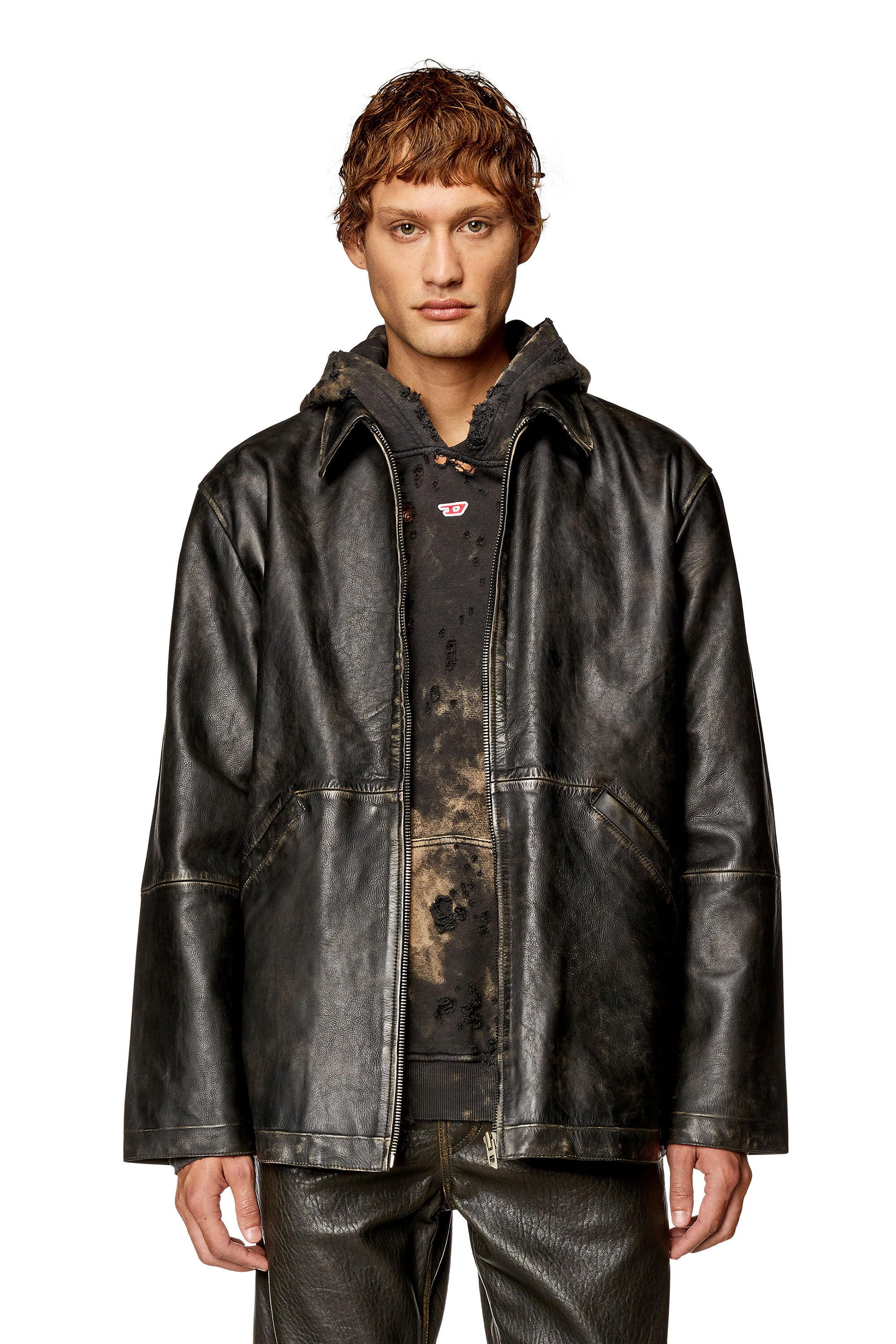 Diesel - L-STOLLER-TREAT, Man Treated leather jacket with raw edges in Black - Image 3