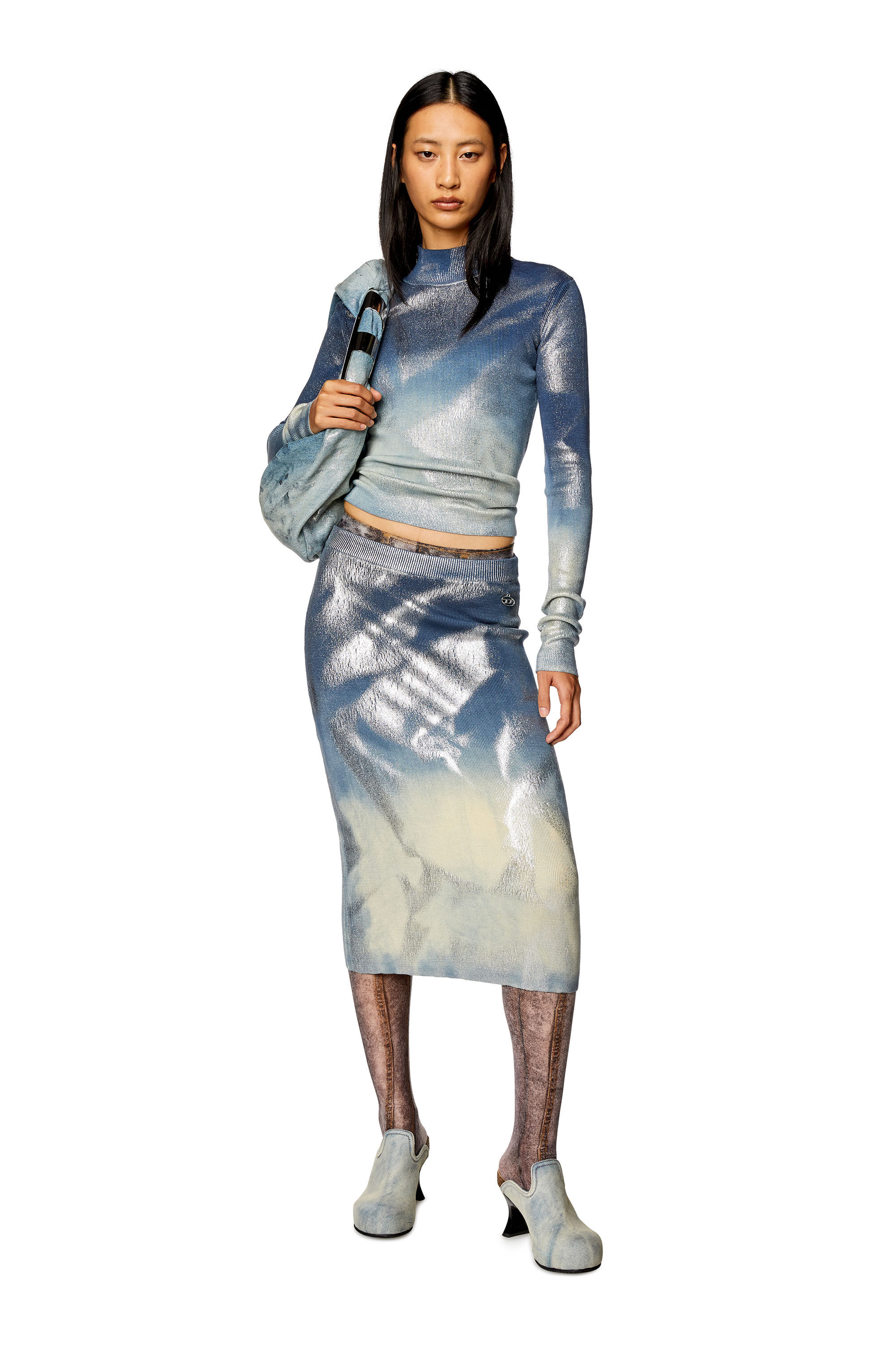 Diesel - M-ILAN, Woman Knit pencil skirt with metallic effects in Blue - Image 1
