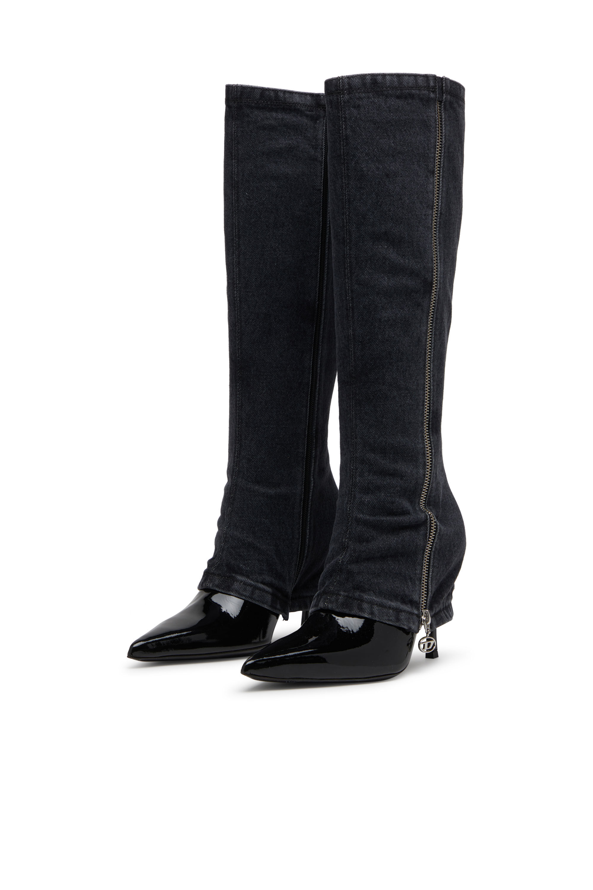 Diesel - D-VENUS TWISTED BOOT, Woman's D-Venus-Stiletto knee boots with jean trompe l'oeil in Black - 7