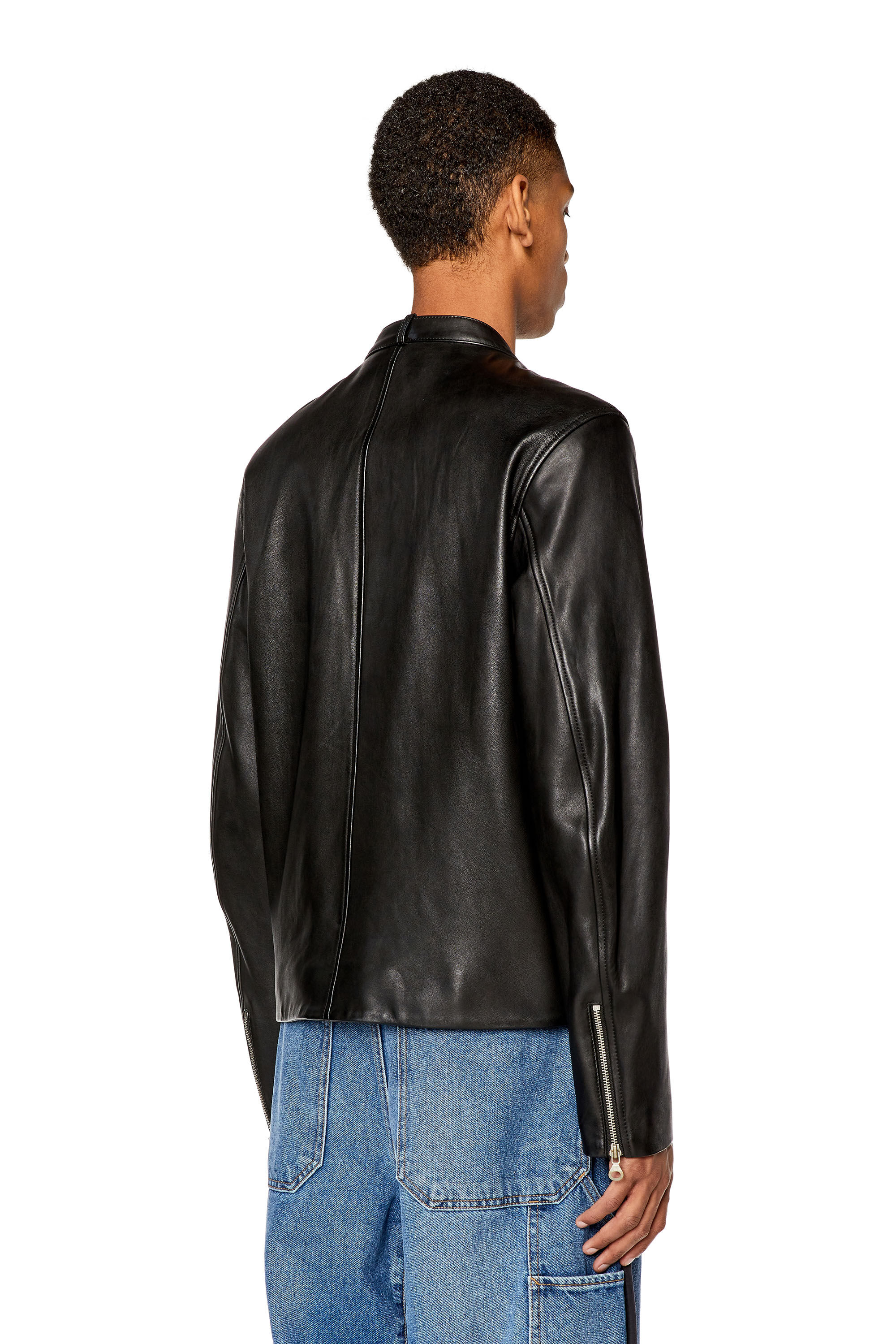 Diesel - L-METALO, Man Leather biker jacket with distressed logo in Black - Image 4