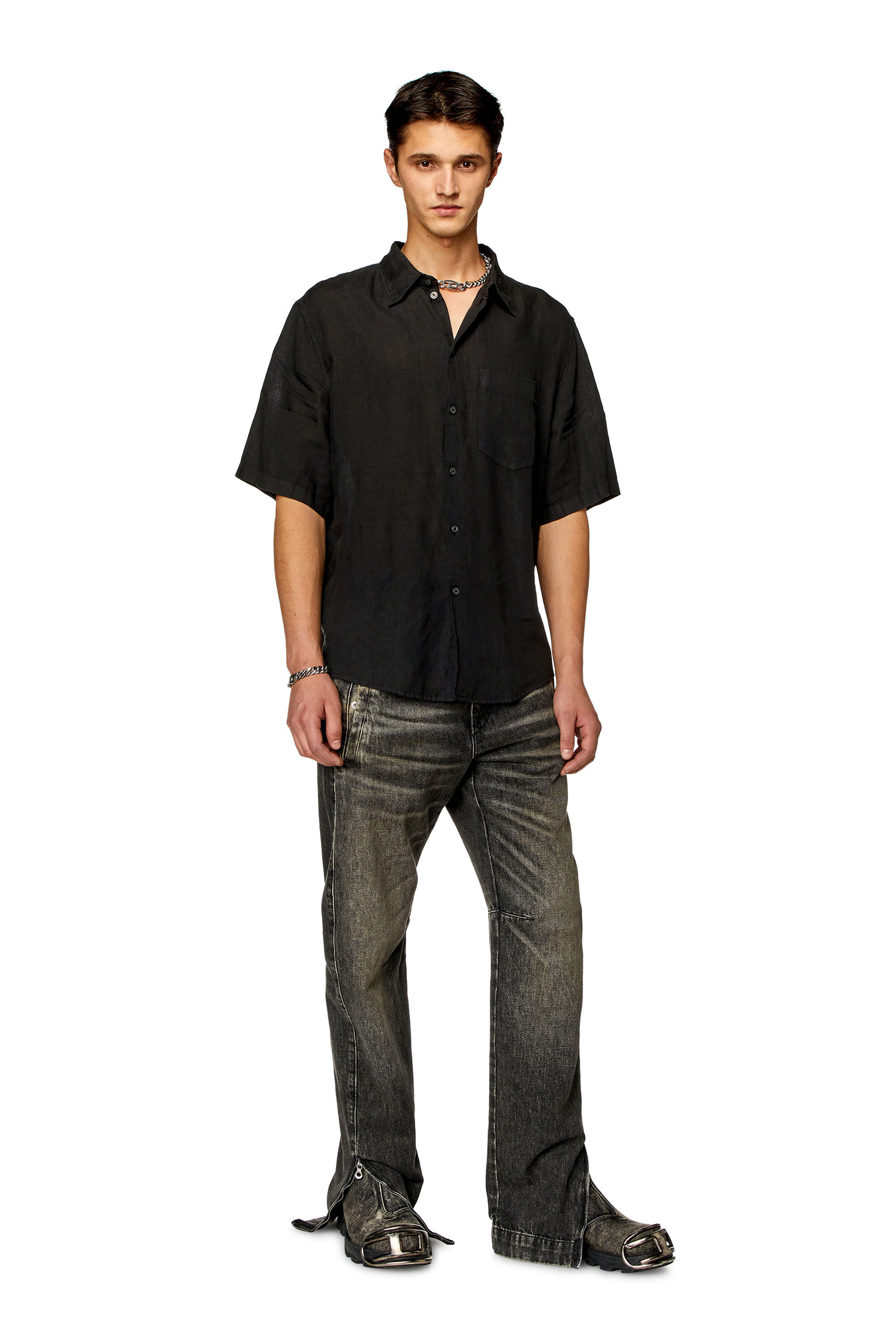 Diesel - S-EMIL-SHORT, Man Short-sleeve linen shirt in Black - Image 3
