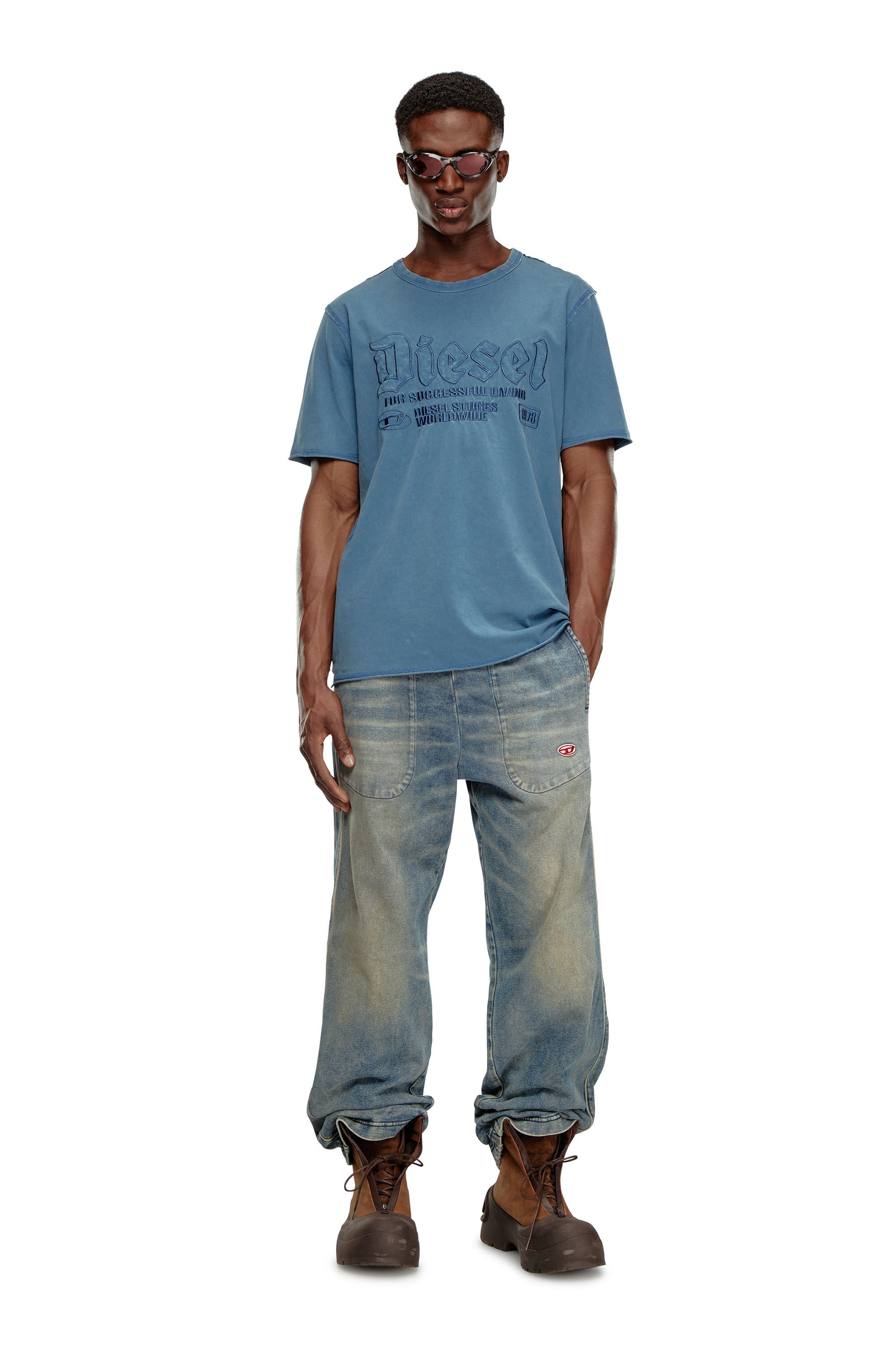Diesel - T-RAWJUST, Man Faded T-shirt with tonal embroidery in Blue - Image 1