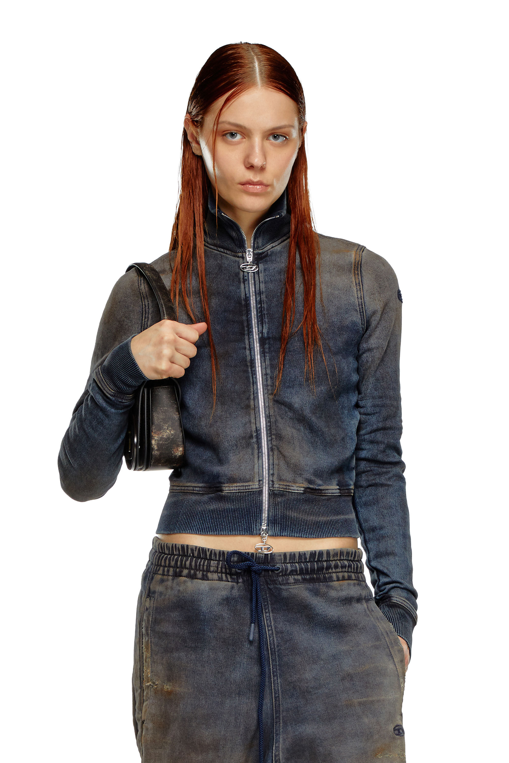 Diesel - D-EMY TRACK, Woman Zip-up sweatshirt in distressed Track Denim in Blue - Image 3