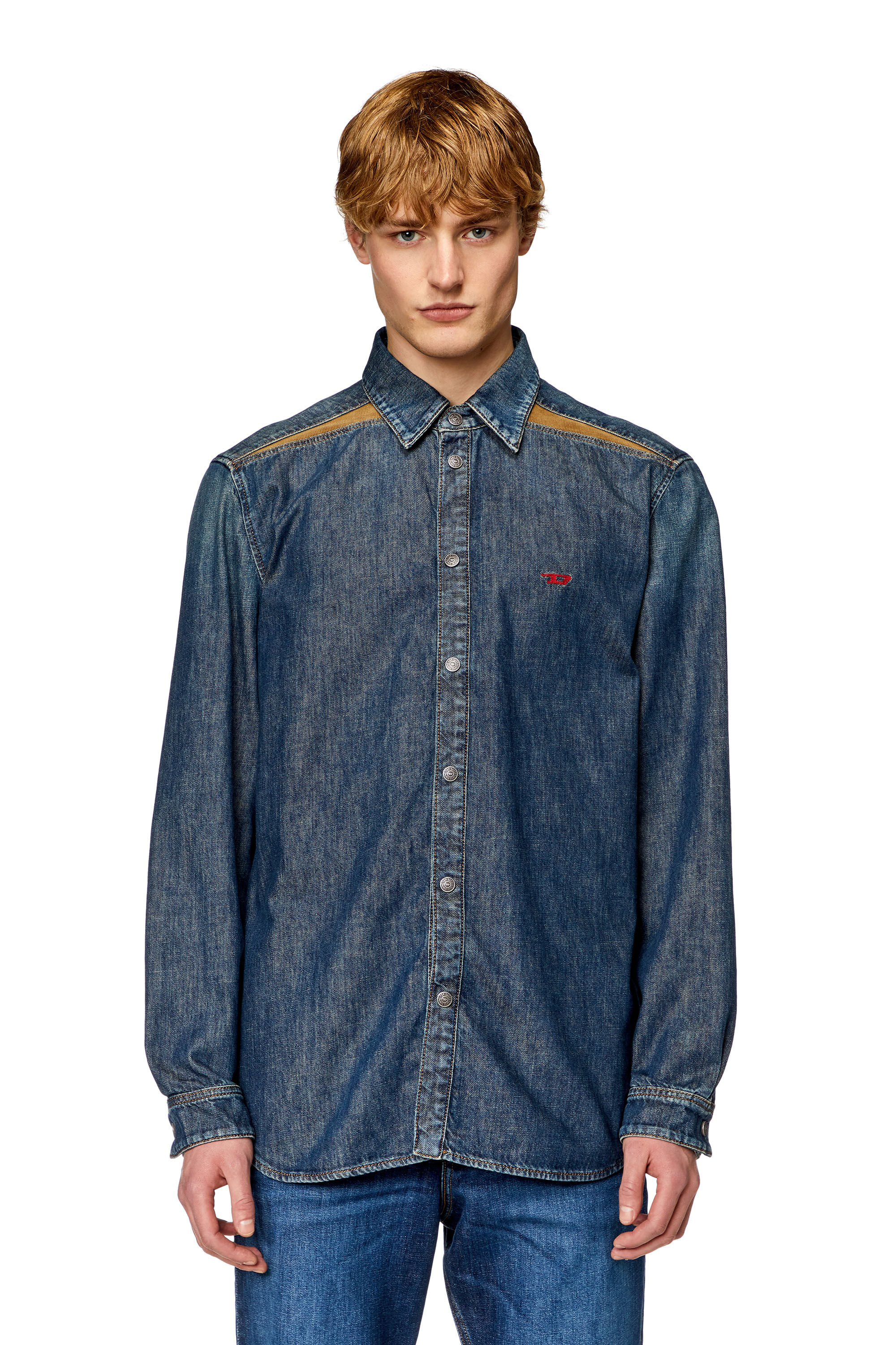 Diesel - D-SIMPLY-RS-D, Man Shirt in denim with contrasting panels in Blue - Image 1