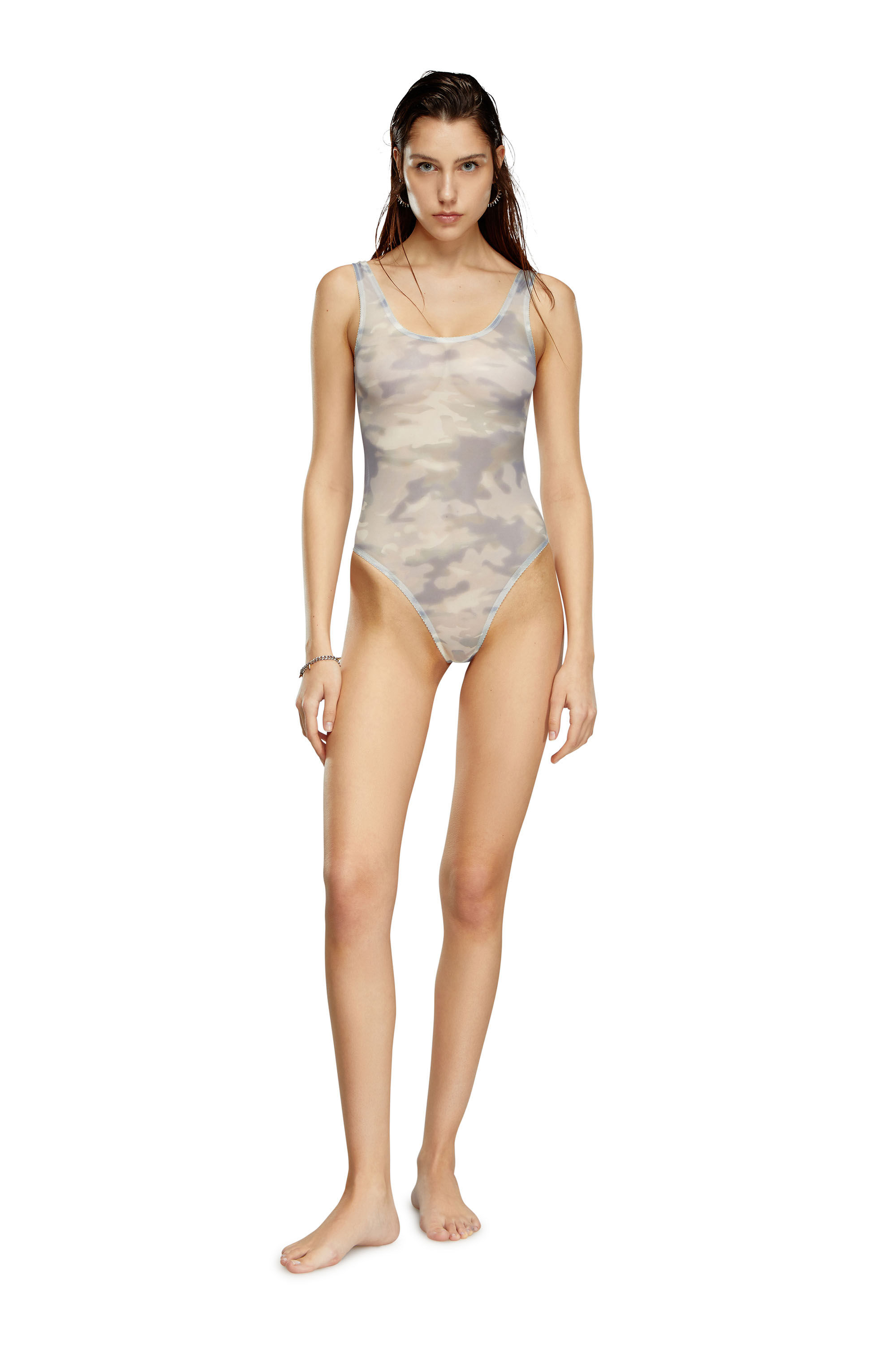 Diesel - UFBY-YOMA, Woman Thong bodysuit in camo stretch mesh in Grey - Image 1