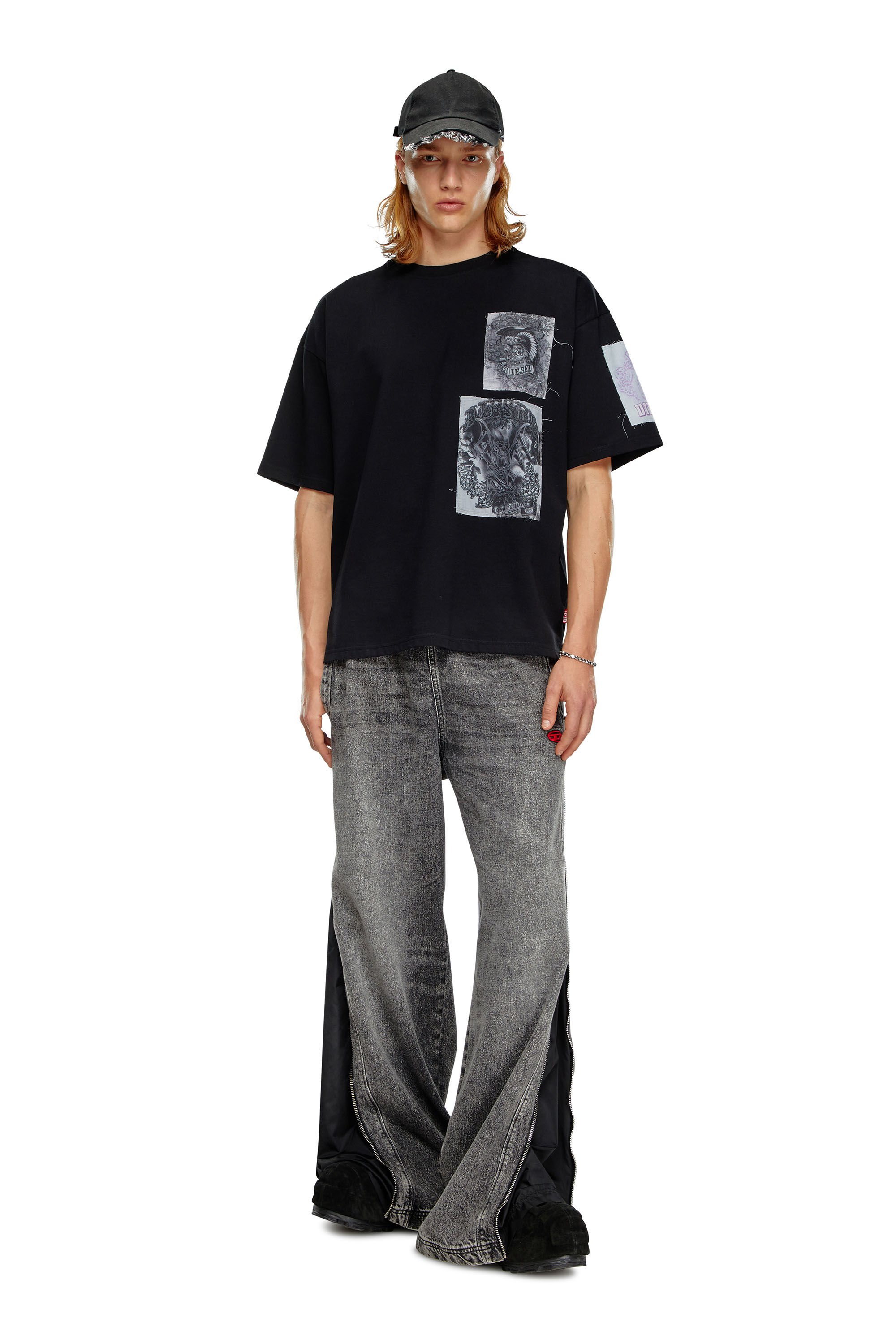Diesel - T-BOXT-SLITS-Q10, Man T-shirt with raw-cut printed patches in Black - Image 1