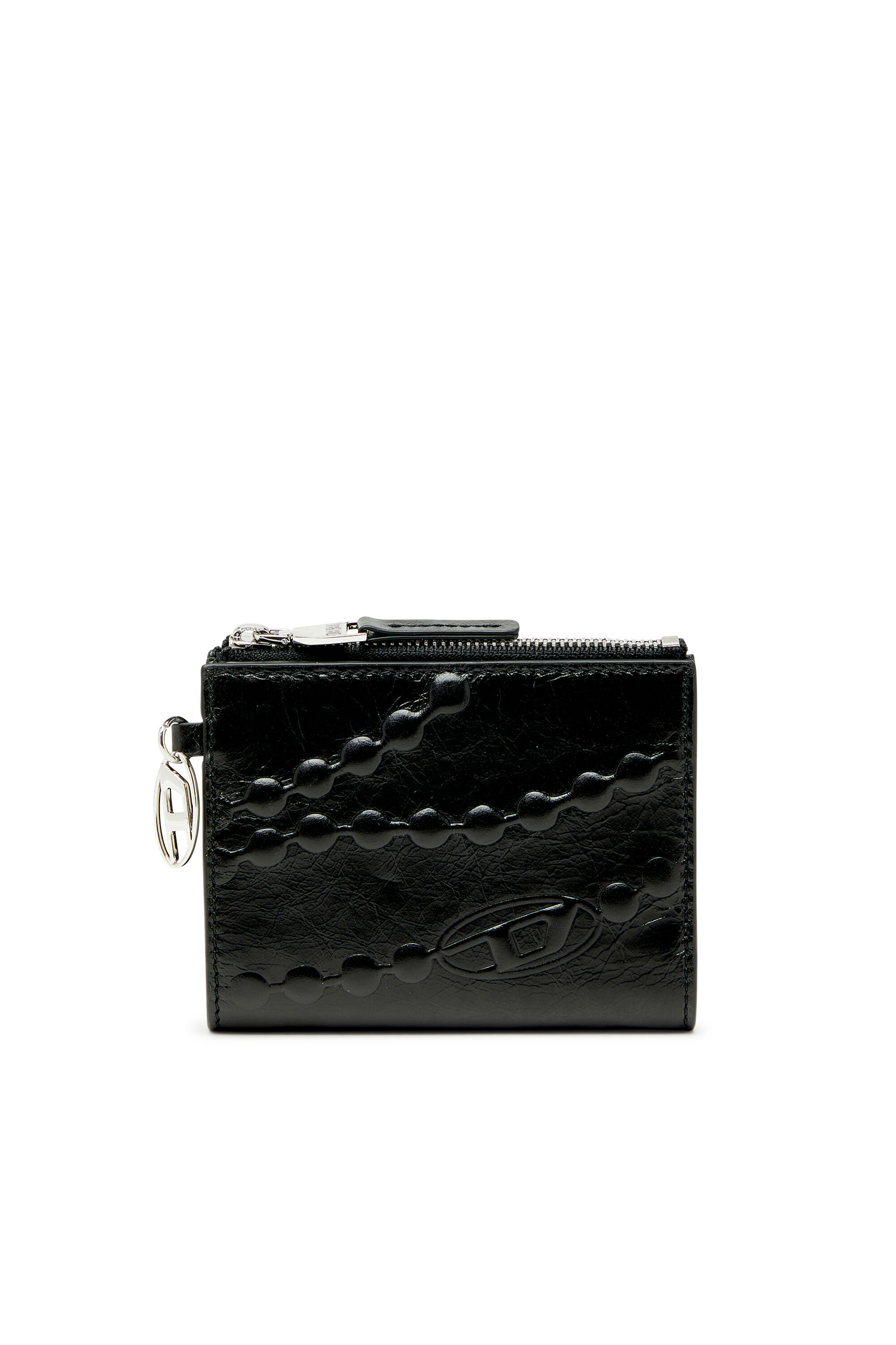 Diesel - OVAL-D BI FOLD ZIP II, Woman's Leather bi-fold wallet with embossed chain motif in Black - 1