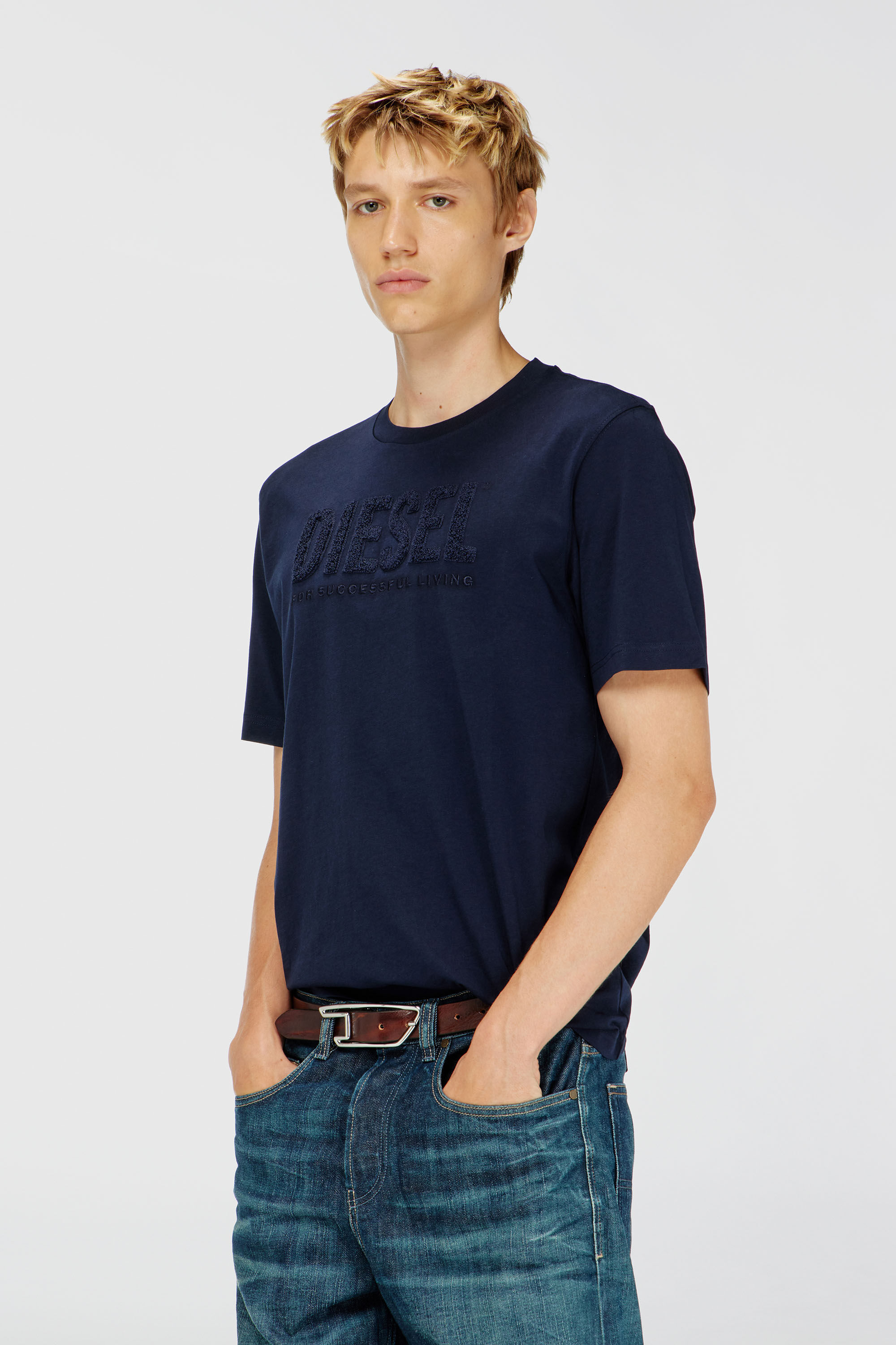 Diesel - T-JUST-OVA-T92, Man's Cotton T-shirt with tonal Diesel logo print in Blue - 3