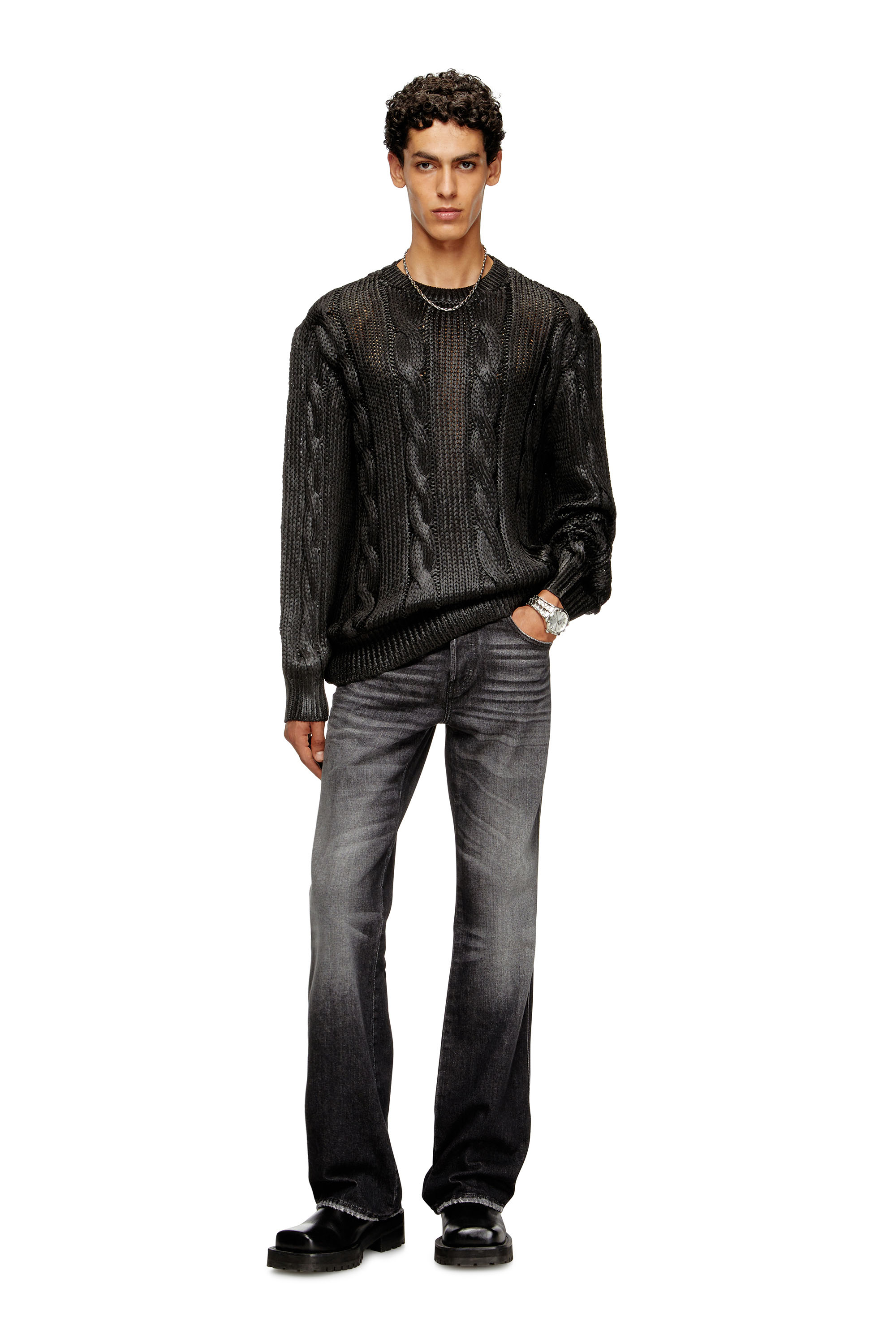 Diesel - K-MICHIU, Man's Cable-knit jumper with shiny effect in Black - 1