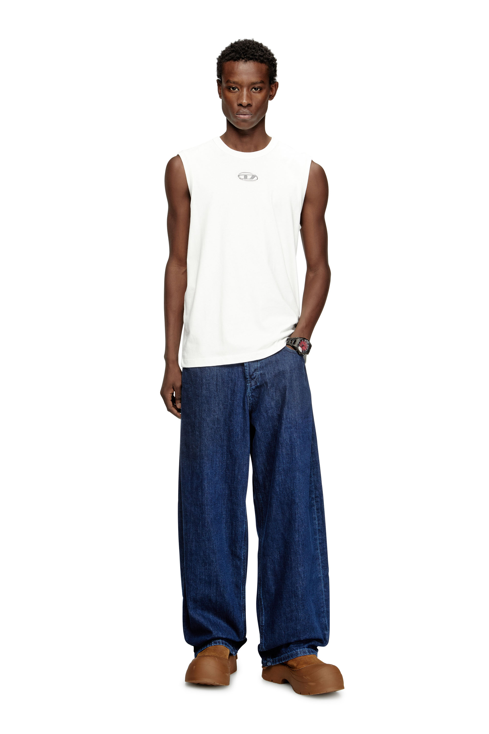 Diesel - T-BISCO-IOD, Man's Sleeveless cotton top with metallic Oval D in White - 2