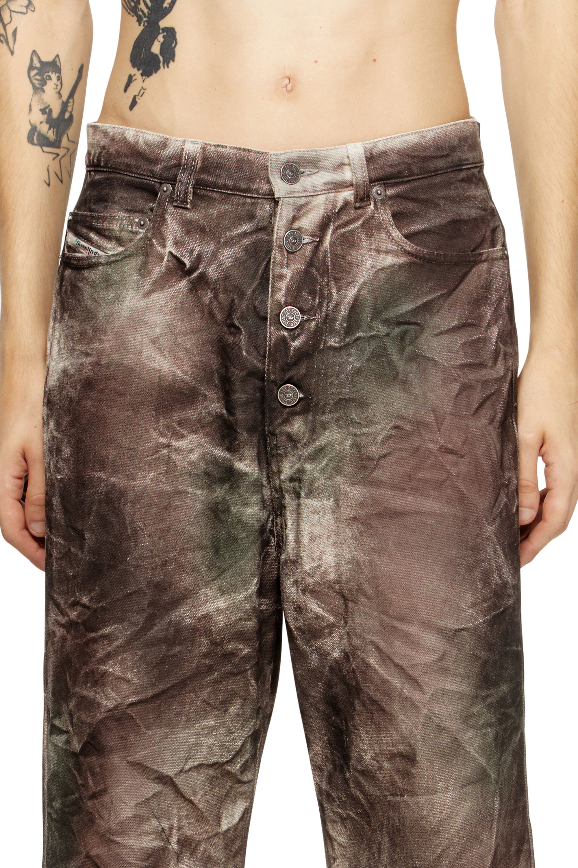 Diesel - P-THUG-PANT, Unisex's Pants in crinkled camo canvas in Brown/Green - 4