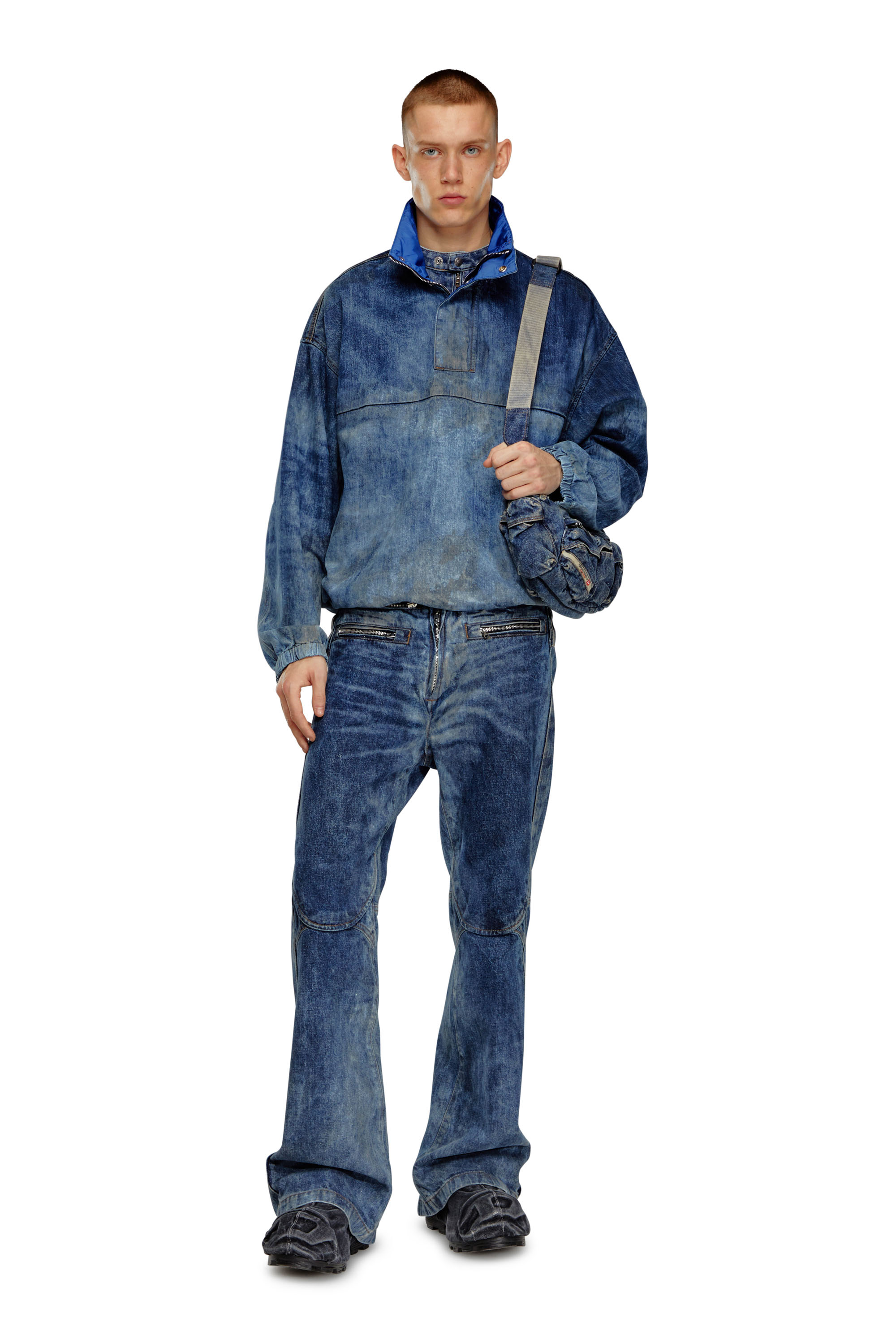 Diesel - D-FLOW-FSE, Man Pullover jacket in dirt-effect denim in Blue - Image 2