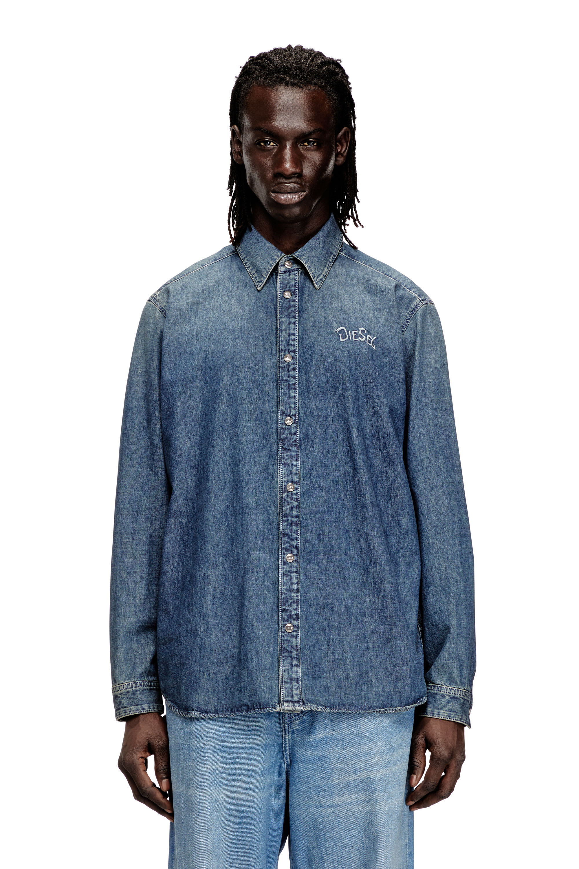 Diesel - D-SIMPLY-S15, Man's Denim shirt with embroidered emblem in Blue - 1
