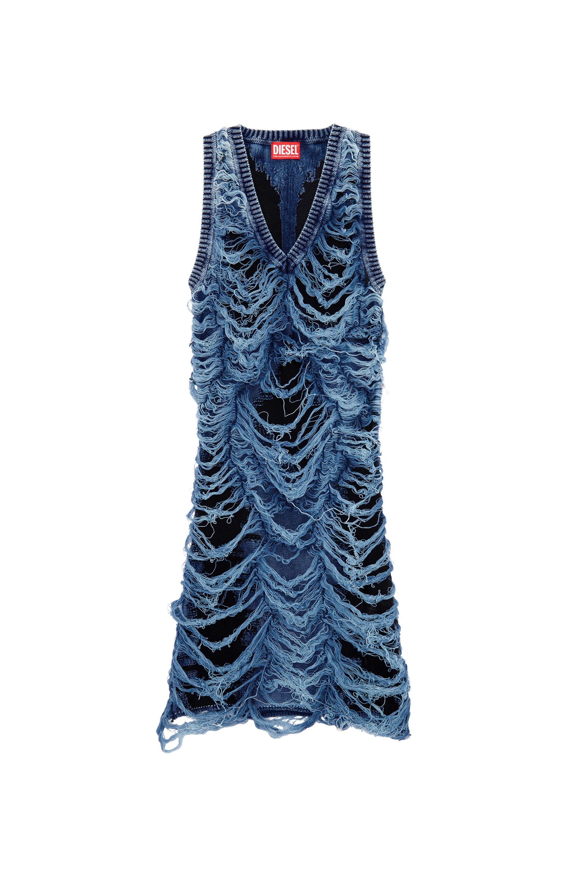 Diesel - M-BIANCA, Woman Short dress in destroyed indigo knit in Blue - Image 1