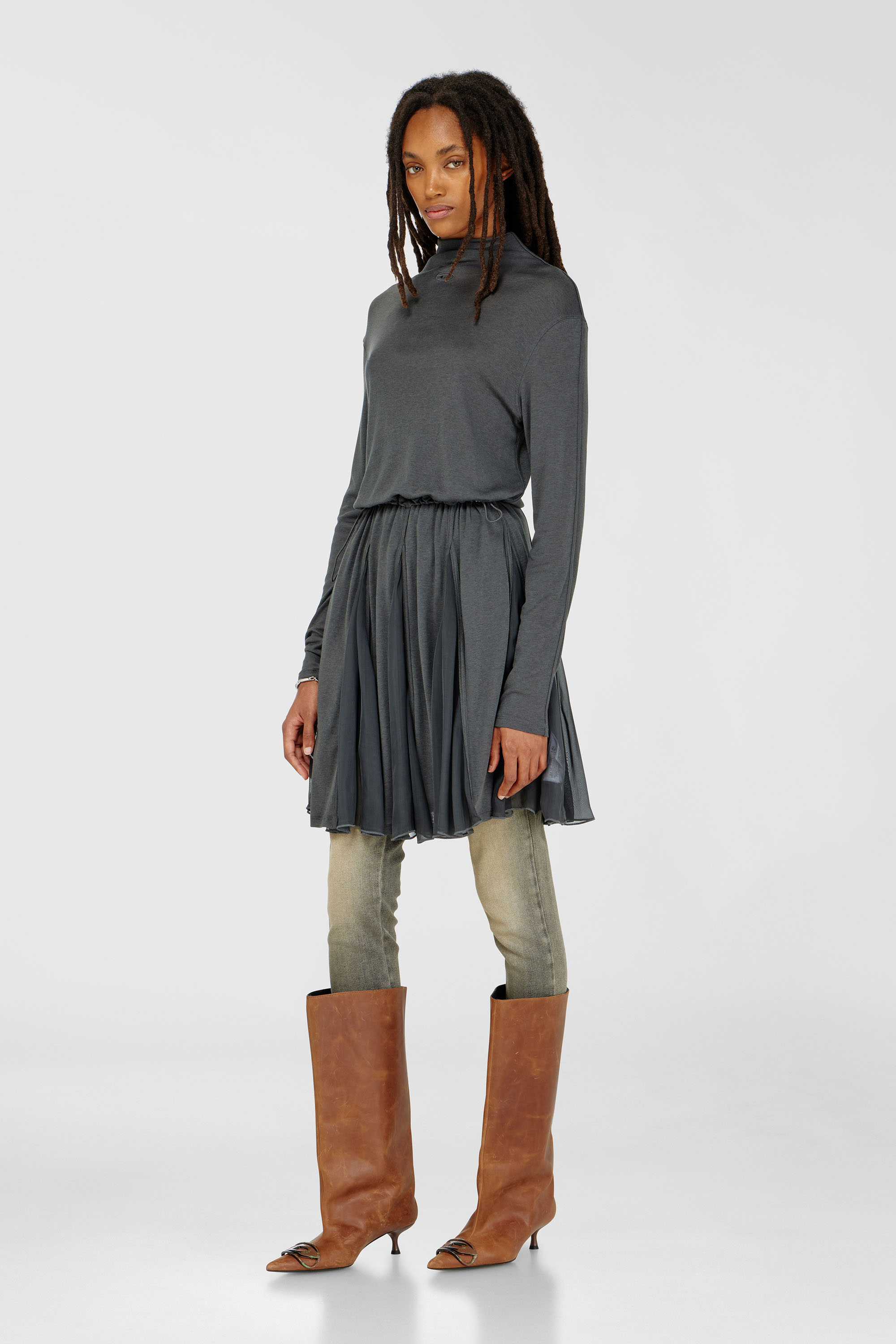 Diesel - D-REI, Woman's Turtleneck mini dress in jersey and chiffon in Grey - 1