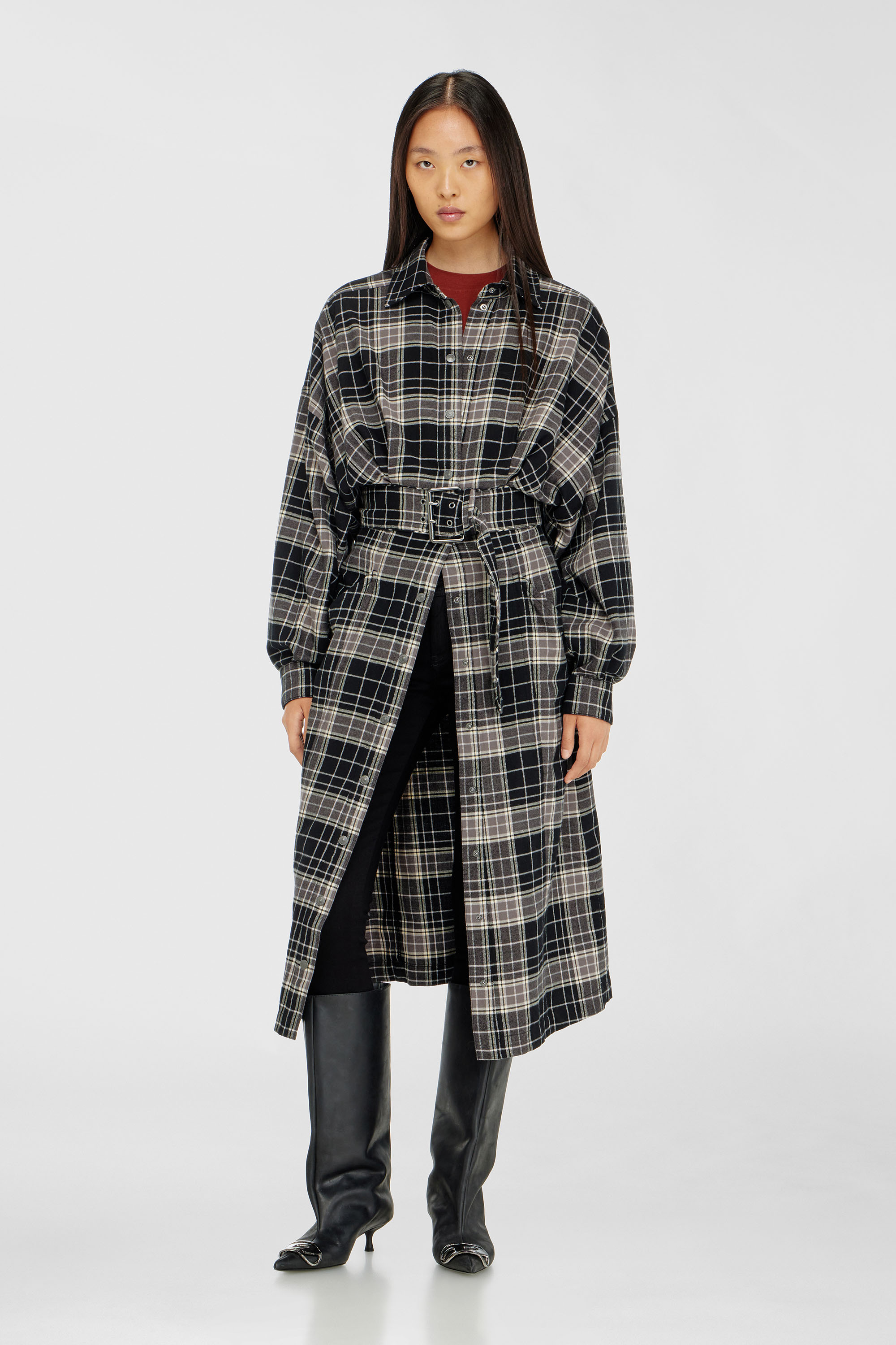 Diesel - D-EDALUS, Woman's Midi dress in check flannel with wide belt in Grey/Black - 1