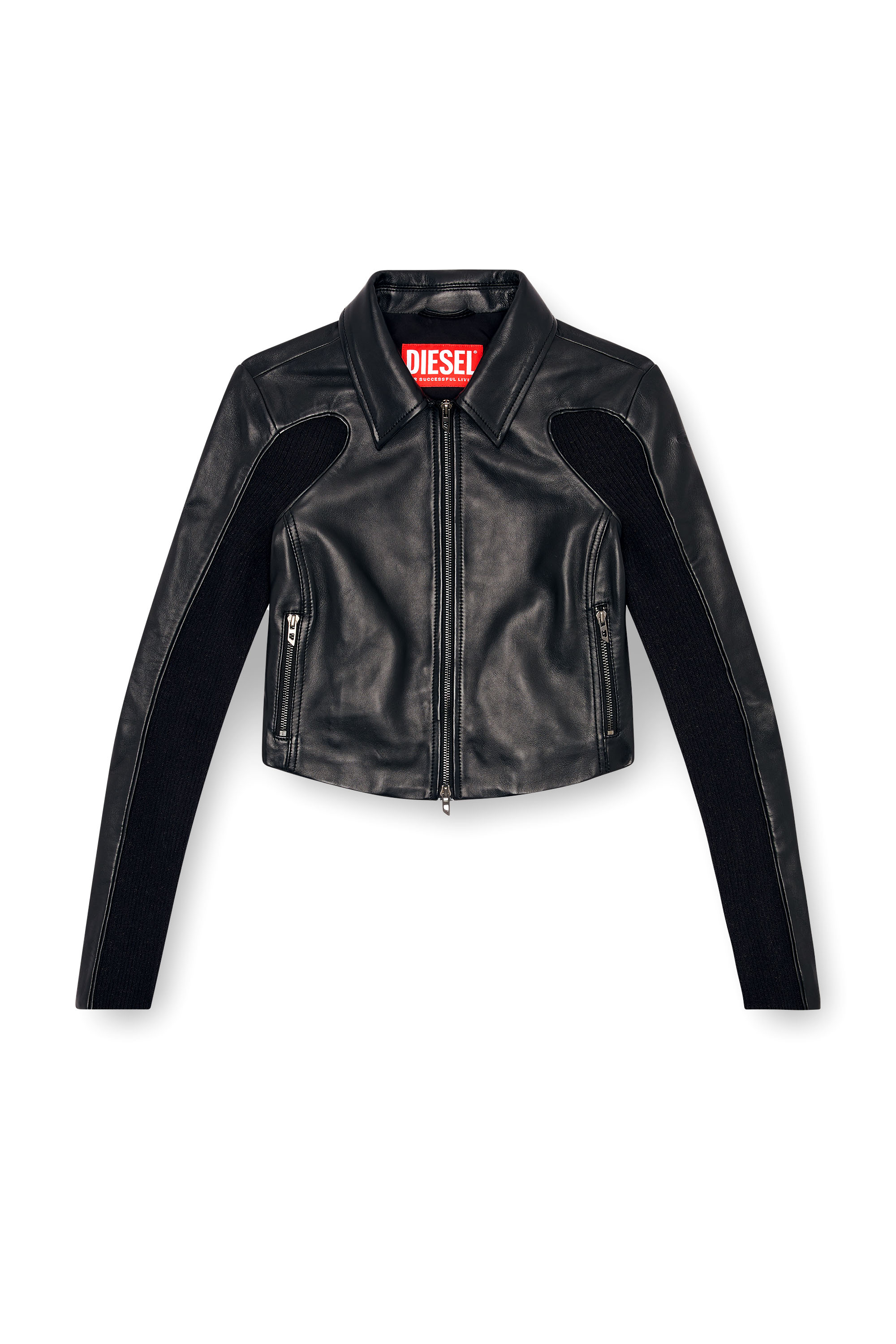 Diesel - L-TOTEM-P1, Woman Cropped leather jacket with knit inserts in Black - Image 3