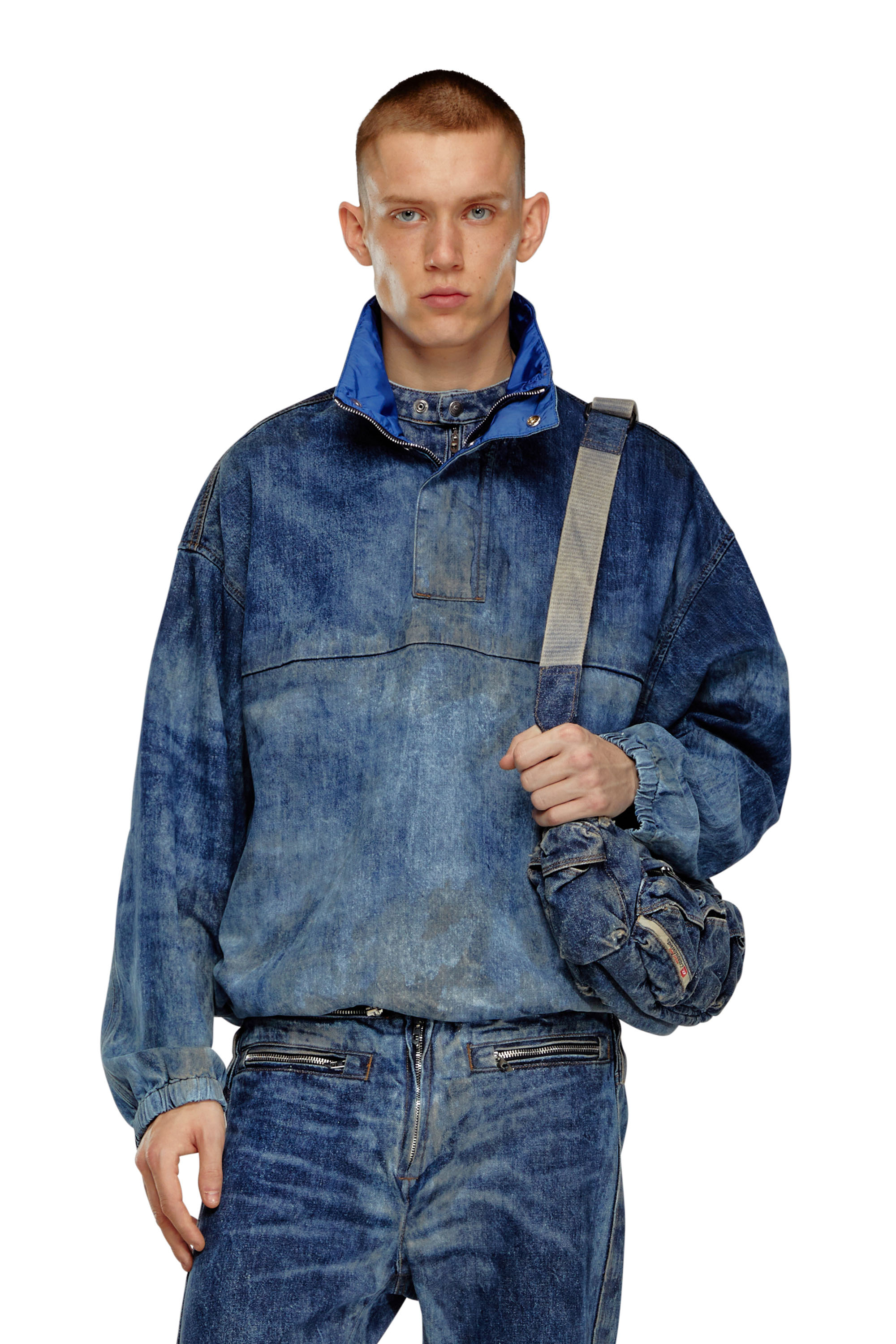 Diesel - D-FLOW-FSE, Man Pullover jacket in dirt-effect denim in Blue - Image 1