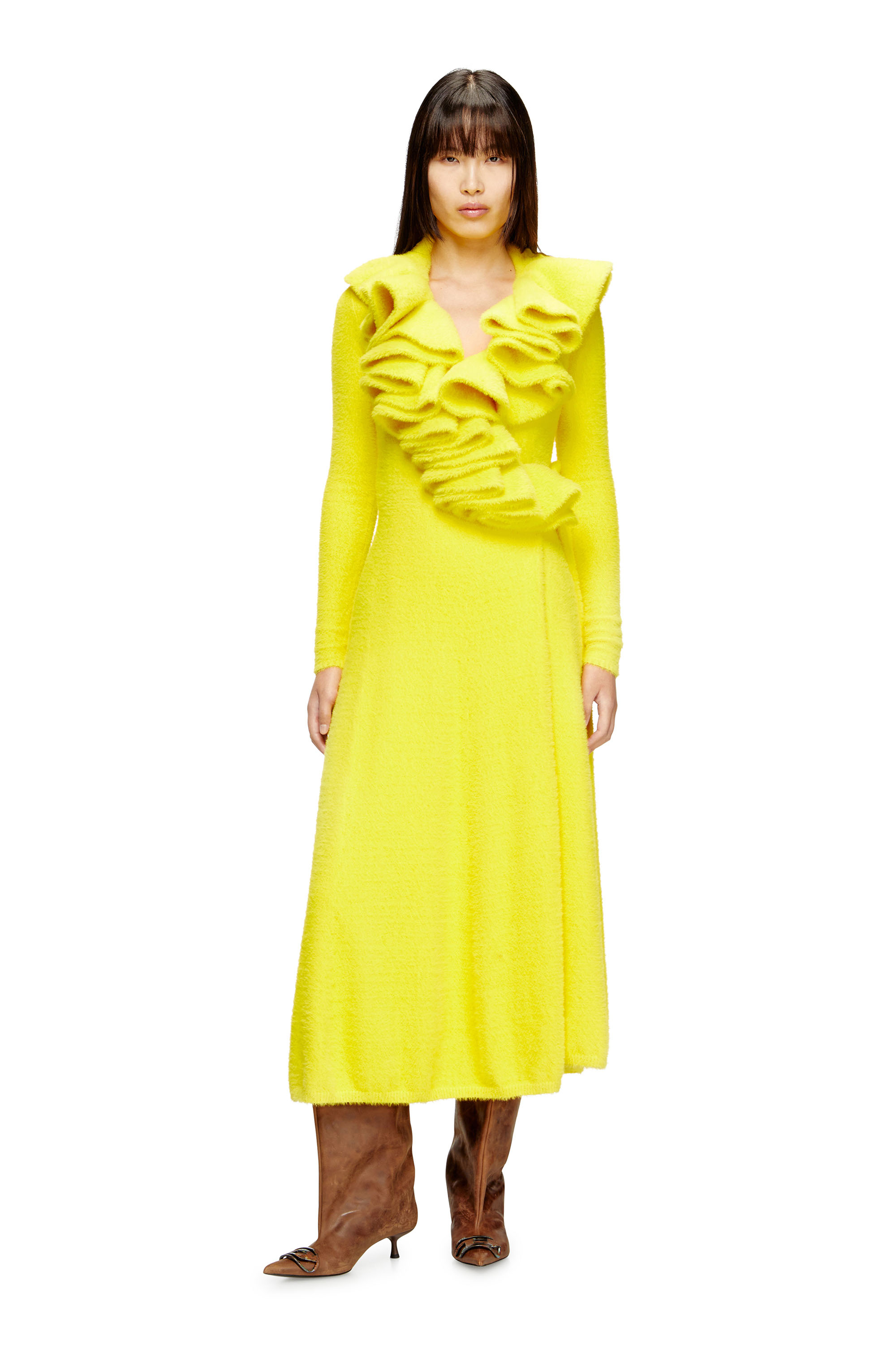 Diesel - M-INGELINA, Woman's Fluffy midi dress with ripple neck in Yellow - 3