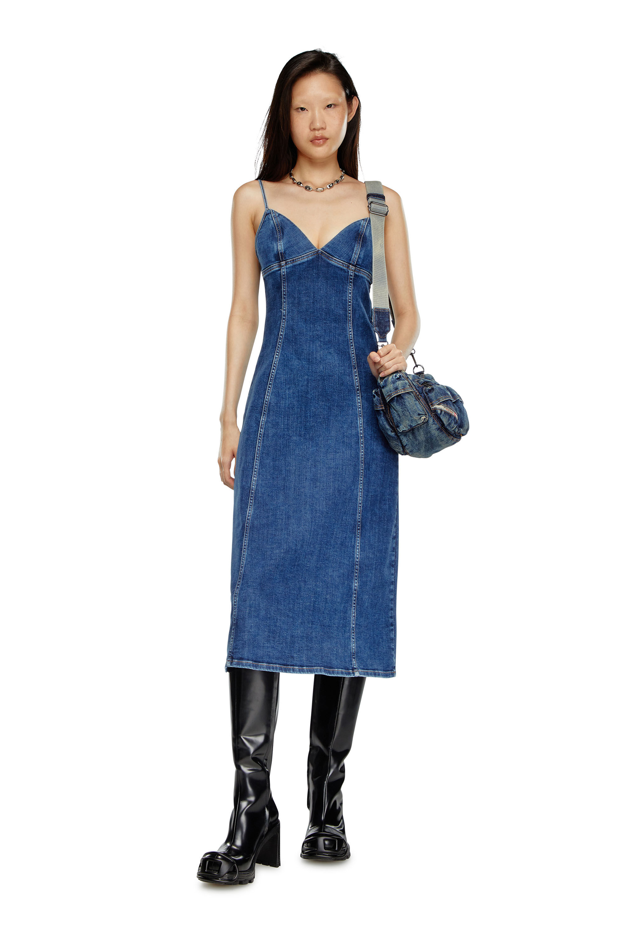 Diesel - DE-FULVY-DRESS-D, Woman Strappy midi dress in denim in Blue - Image 1