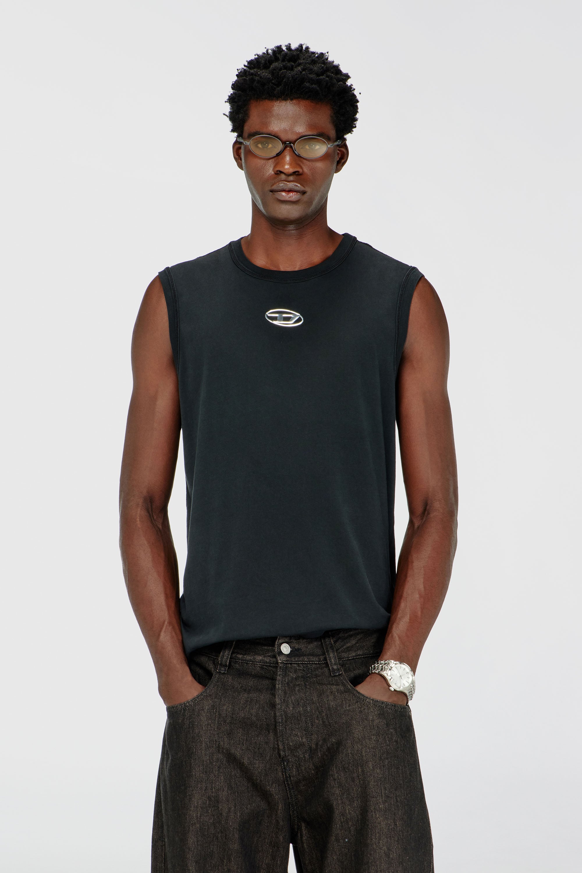 Diesel - T-BISCO-IOD, Man's Cotton tank top with metallic Oval D in Black - 1