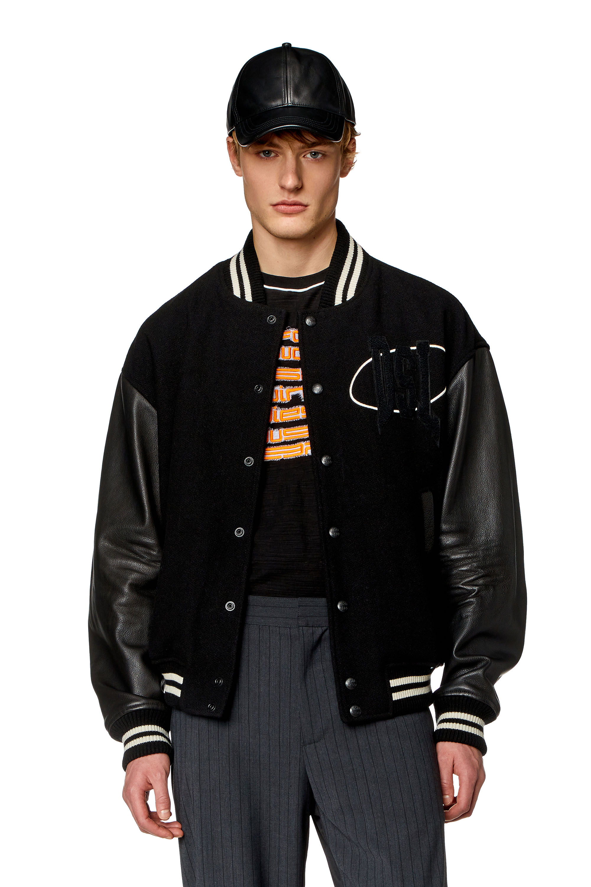 Diesel - L-FRANZ-PATCH, Man Varsity bomber jacket in wool and leather in Black - Image 1