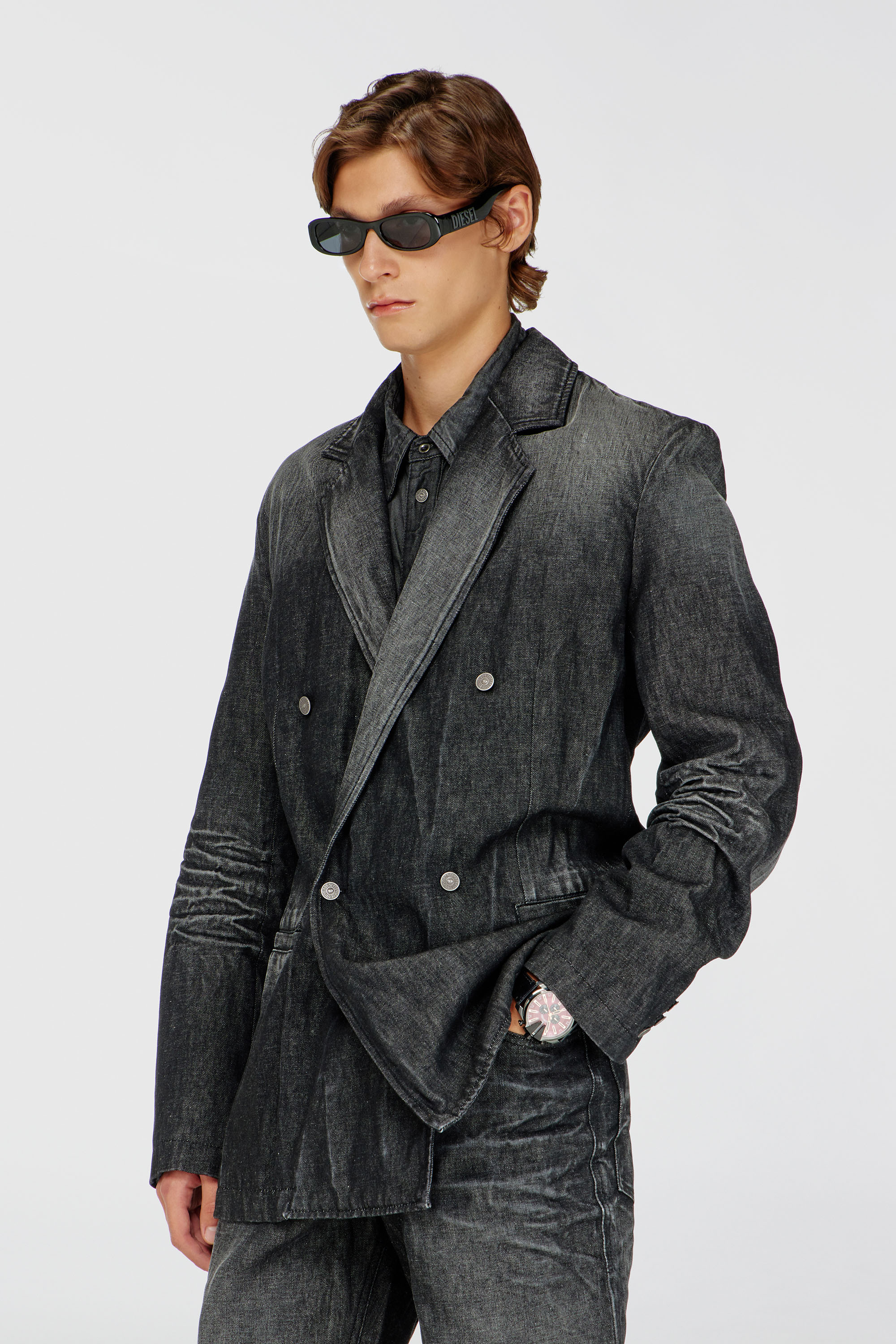 Diesel - D-KOT-FSJ, Man's Double-breasted blazer in creased denim in Black/Dark grey - 3