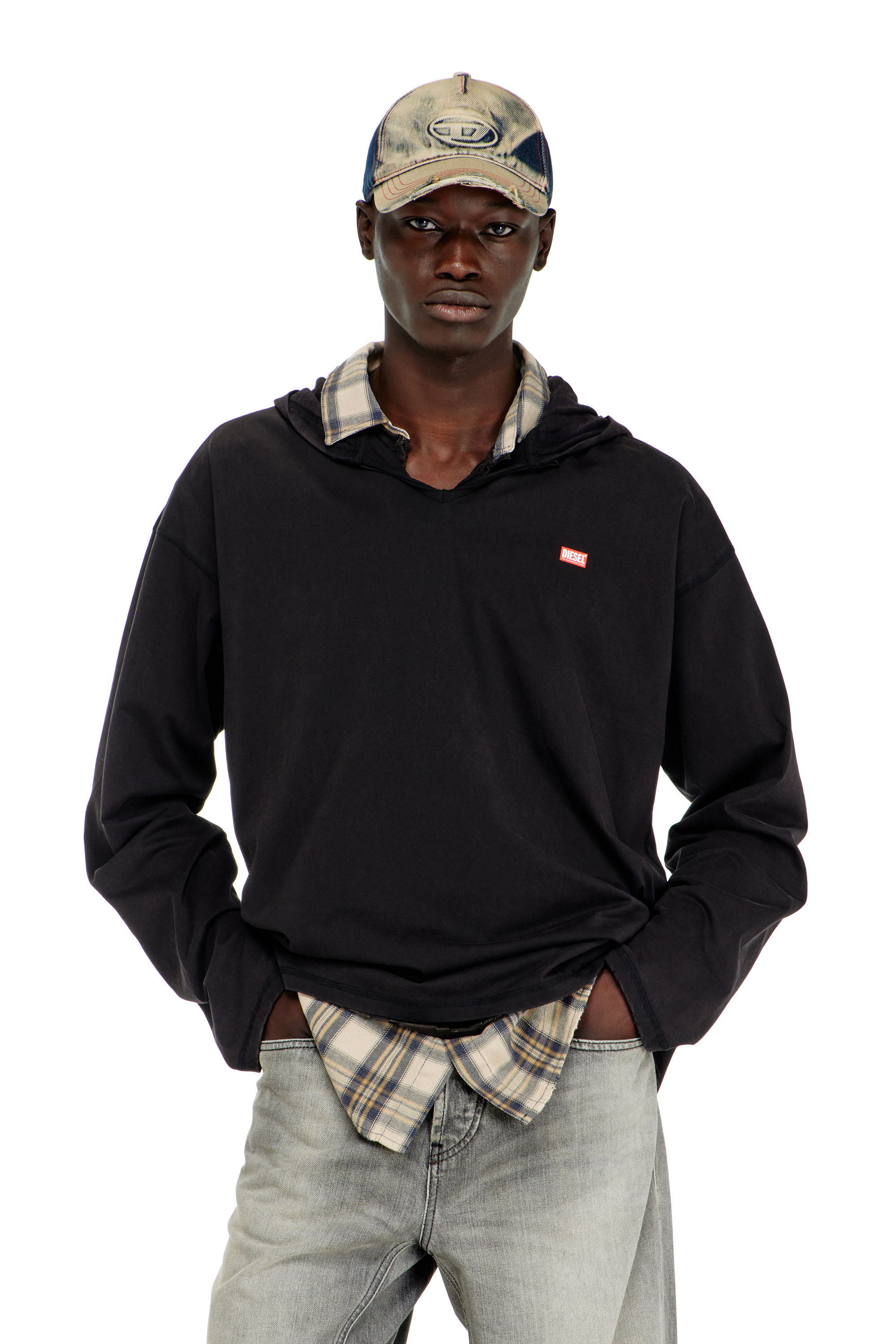 Diesel - T-BOXT-LS-HOOD-CHECK, Man's Long-sleeve T-shirt with flannel hood in null - 3