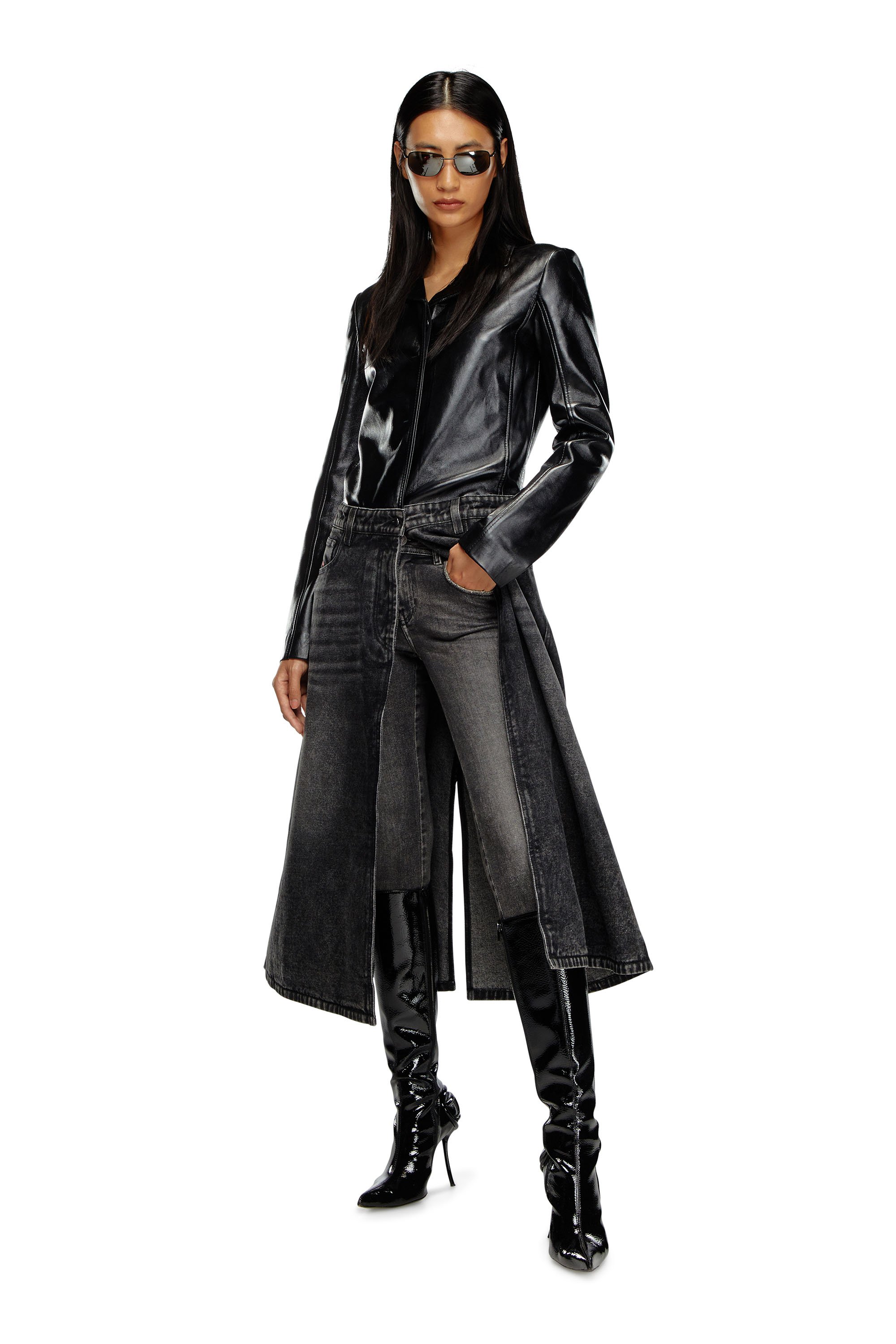 Diesel - L-ORY, Woman Hybrid coat in denim and leather in Black - Image 1