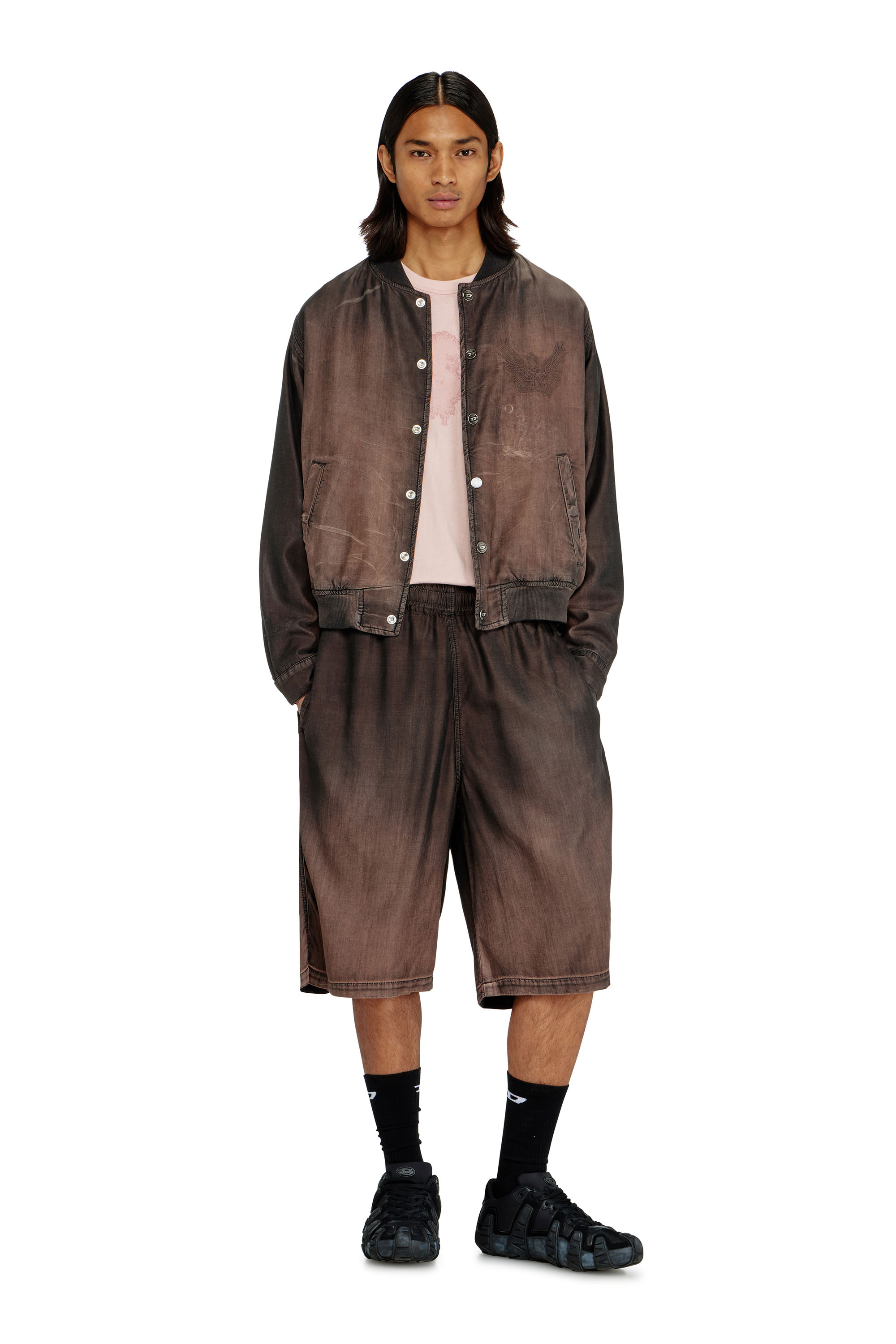 Diesel - D-RODER-SHORT-S, Unisex's Relaxed bermuda shorts in fluid coated denim in Brown - 1