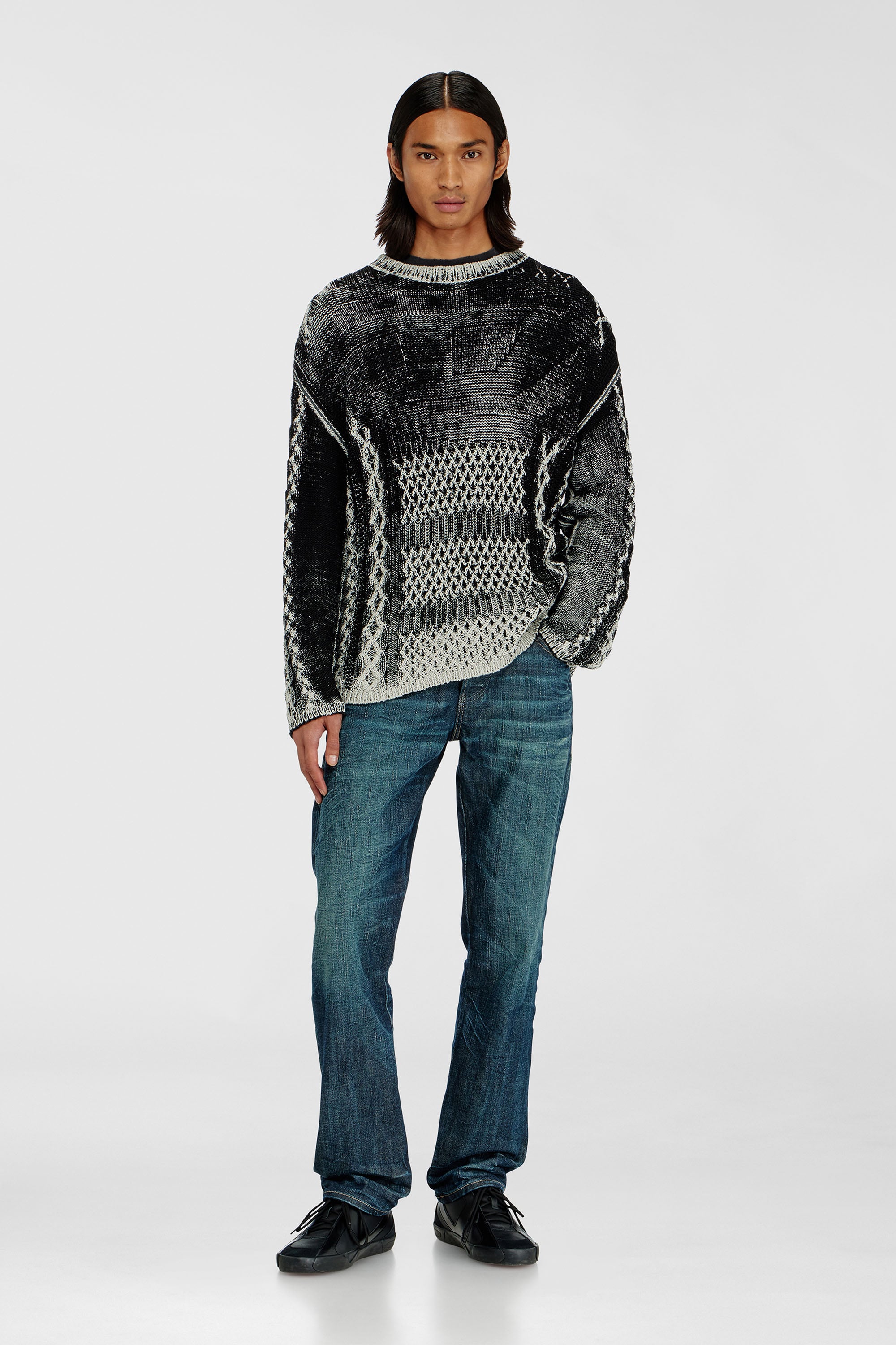 Diesel - K-MIONE, Man's Treated cable-knit jumper in Grey/Black - 2
