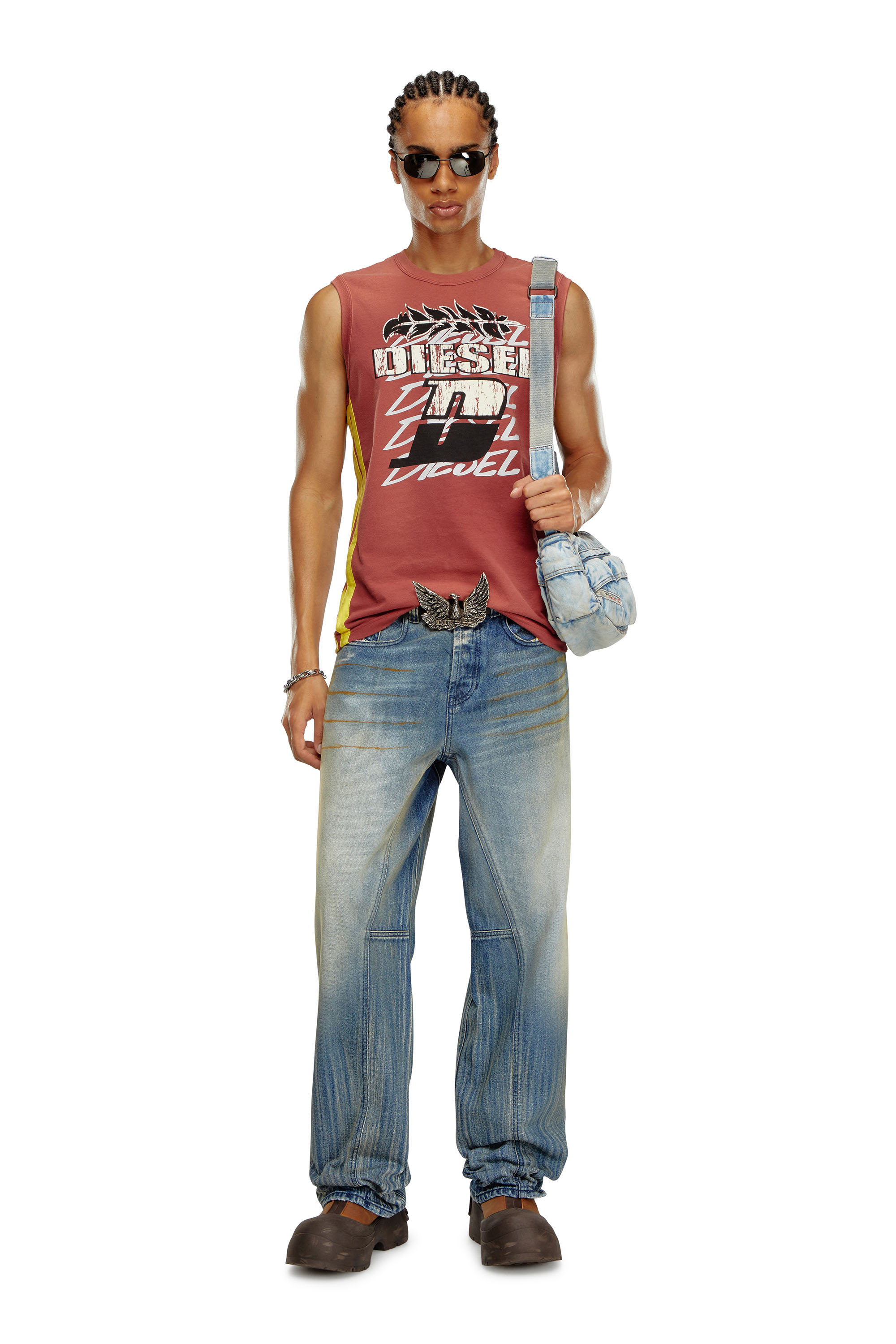 Diesel - T-BISCO-STRIPE, Man Sun-faded tank top with side bands in Red - Image 2