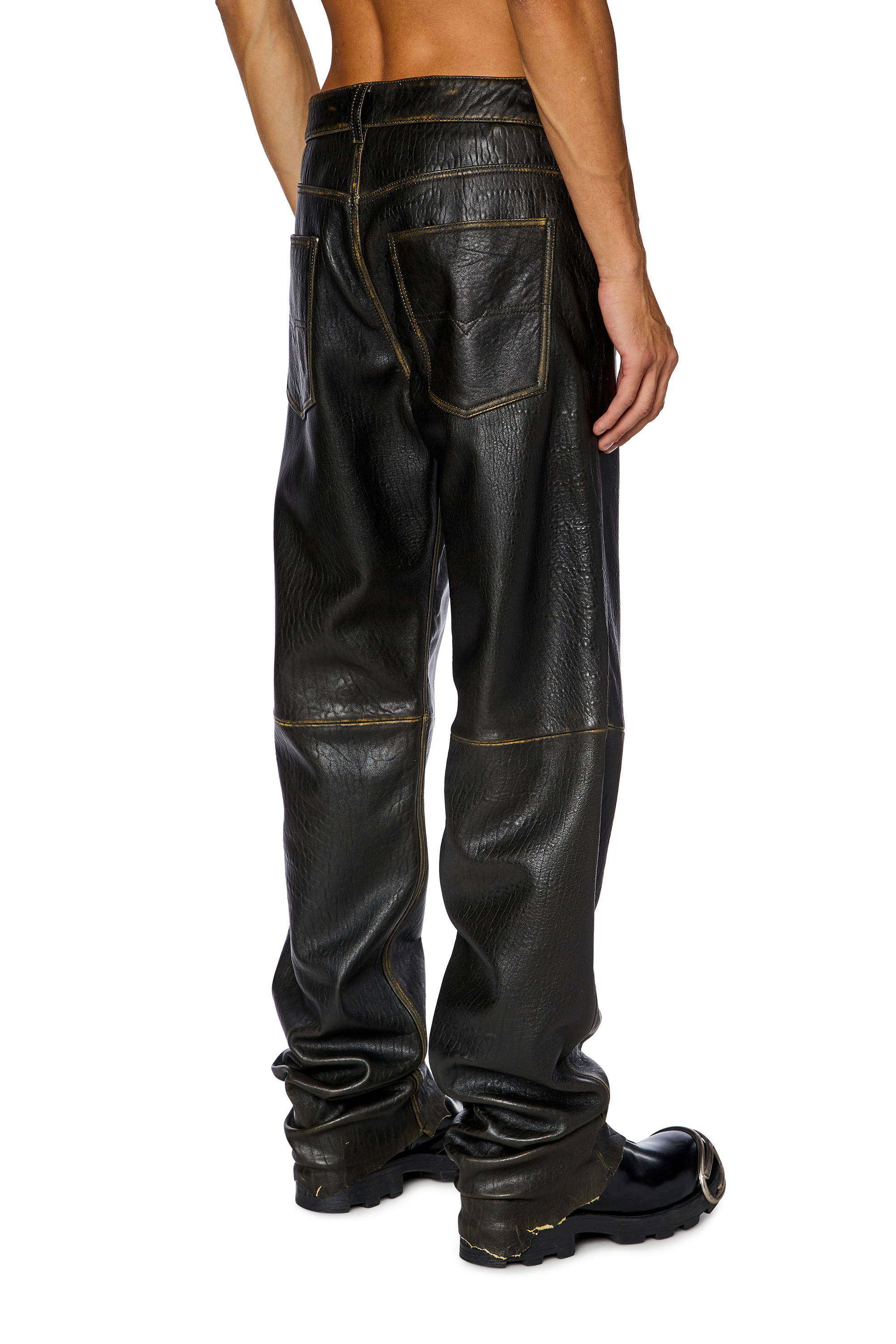 Diesel - P-KOOMAN, Man Textured leather pants with logo cut-out in Brown - Image 4