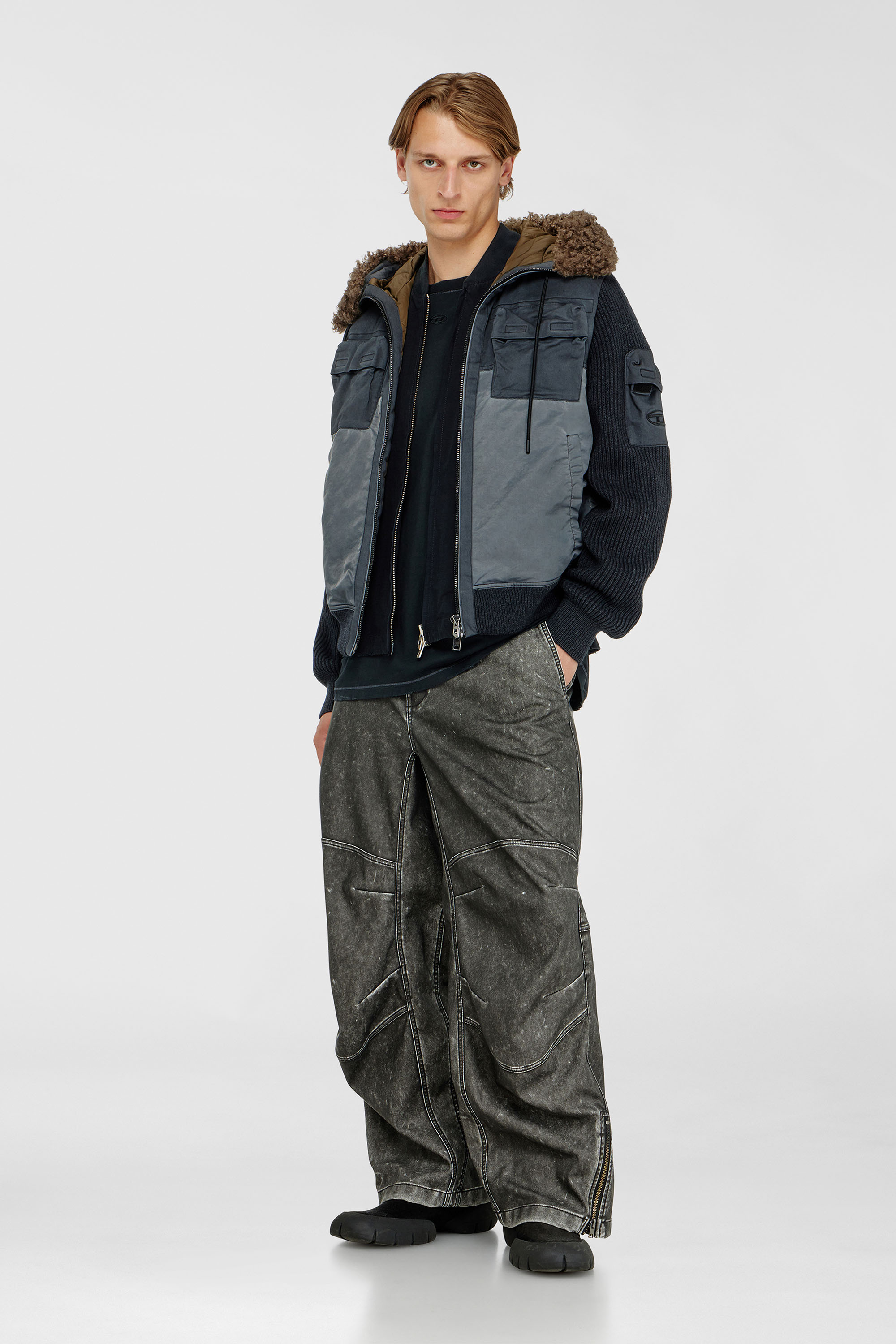 Diesel - W-DELLS, Man's Hooded padded jacket with knitted sleeves in Dark Blue - 2