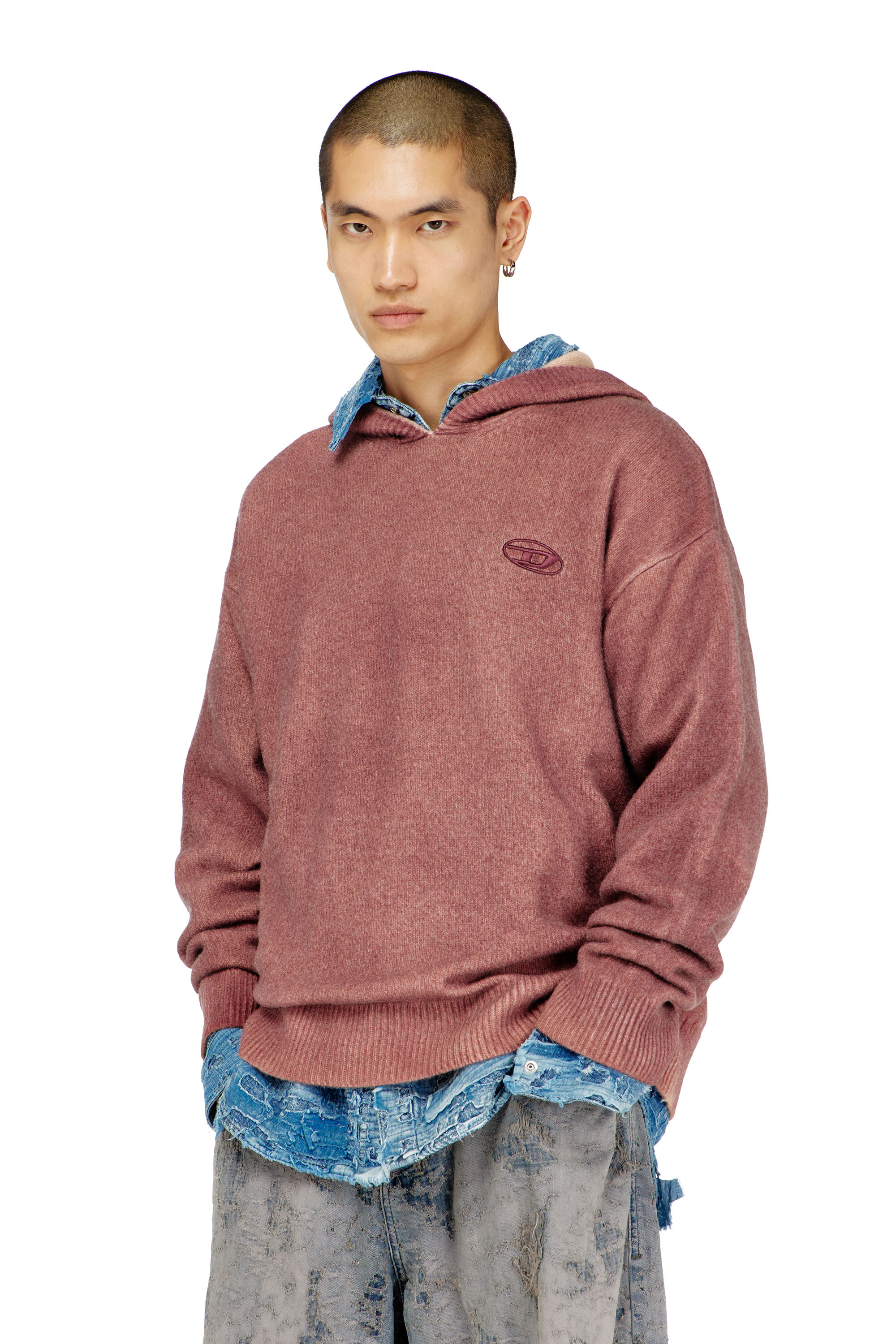 Diesel - K-PICKLED, Man's Double-dyed hoodie in wool-blend knit in Bordeaux - 1