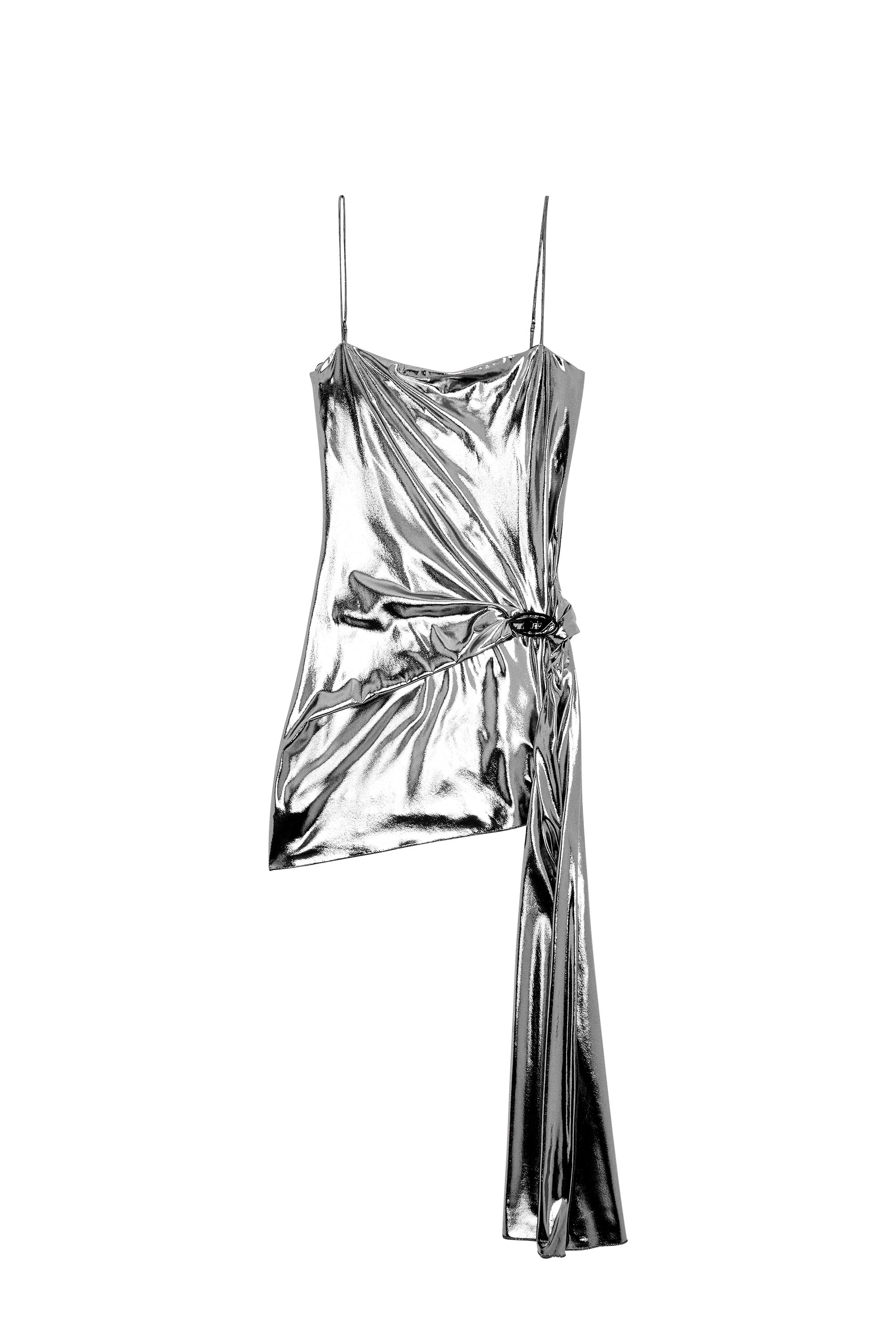 Diesel - D-BLAS, Woman Short metallic dress with draped panel in Silver - Image 1