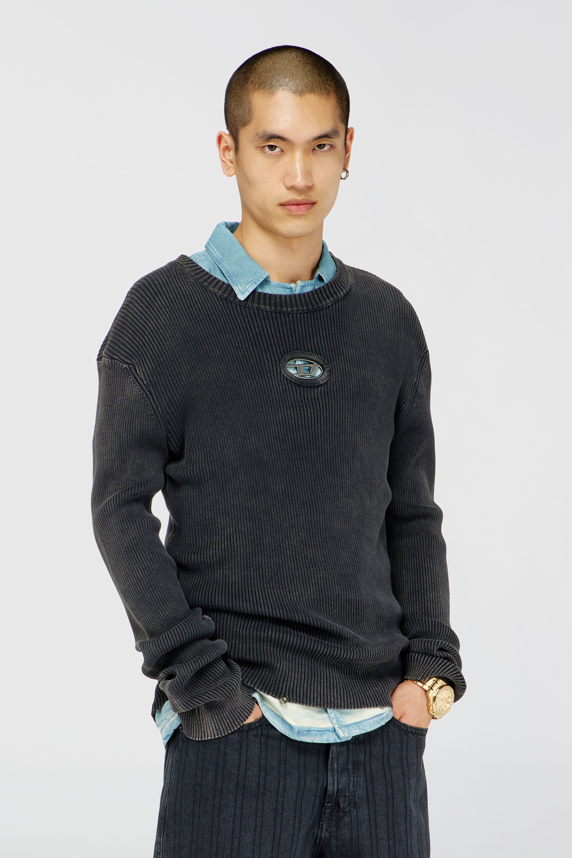 Diesel - K-DARIN-D, Man's Distressed jumper with cut-out logo in Black - 1