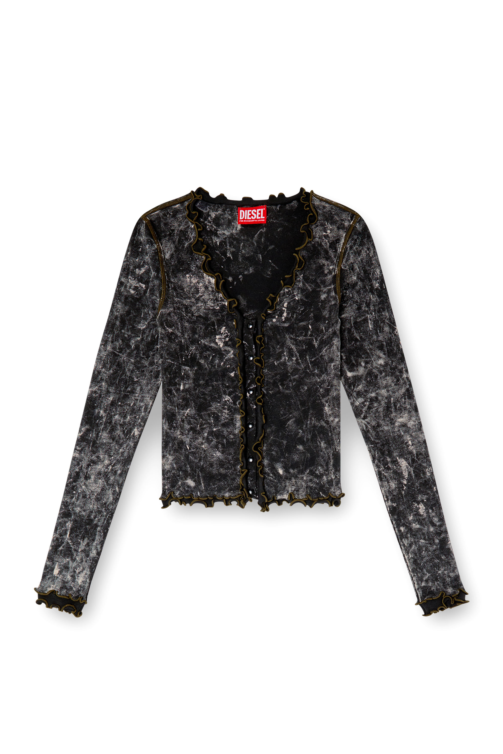 Diesel - T-FLUX, Woman's Marbled buttoned top with ruffles in Black - 2